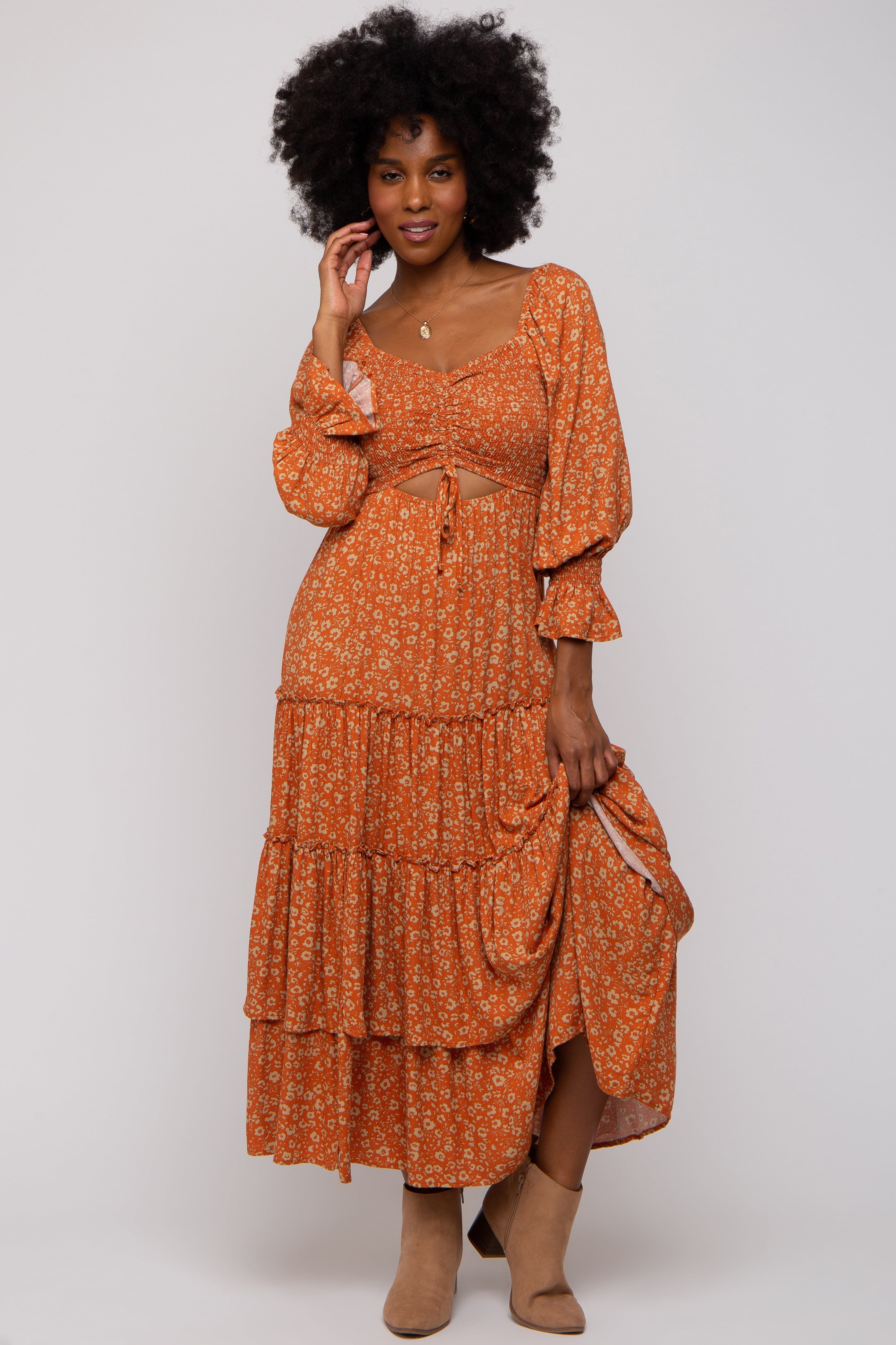 Rust Floral Smocked Front Cutout Tiered Maxi Dress sold by Pinkblush product image thumbnail 4