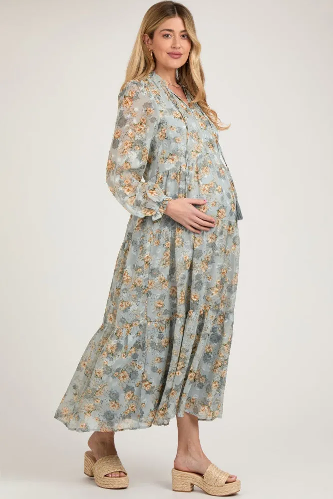 Light Blue Floral Button Front Tiered Maternity Maxi Dress sold by Pinkblush product image thumbnail 3