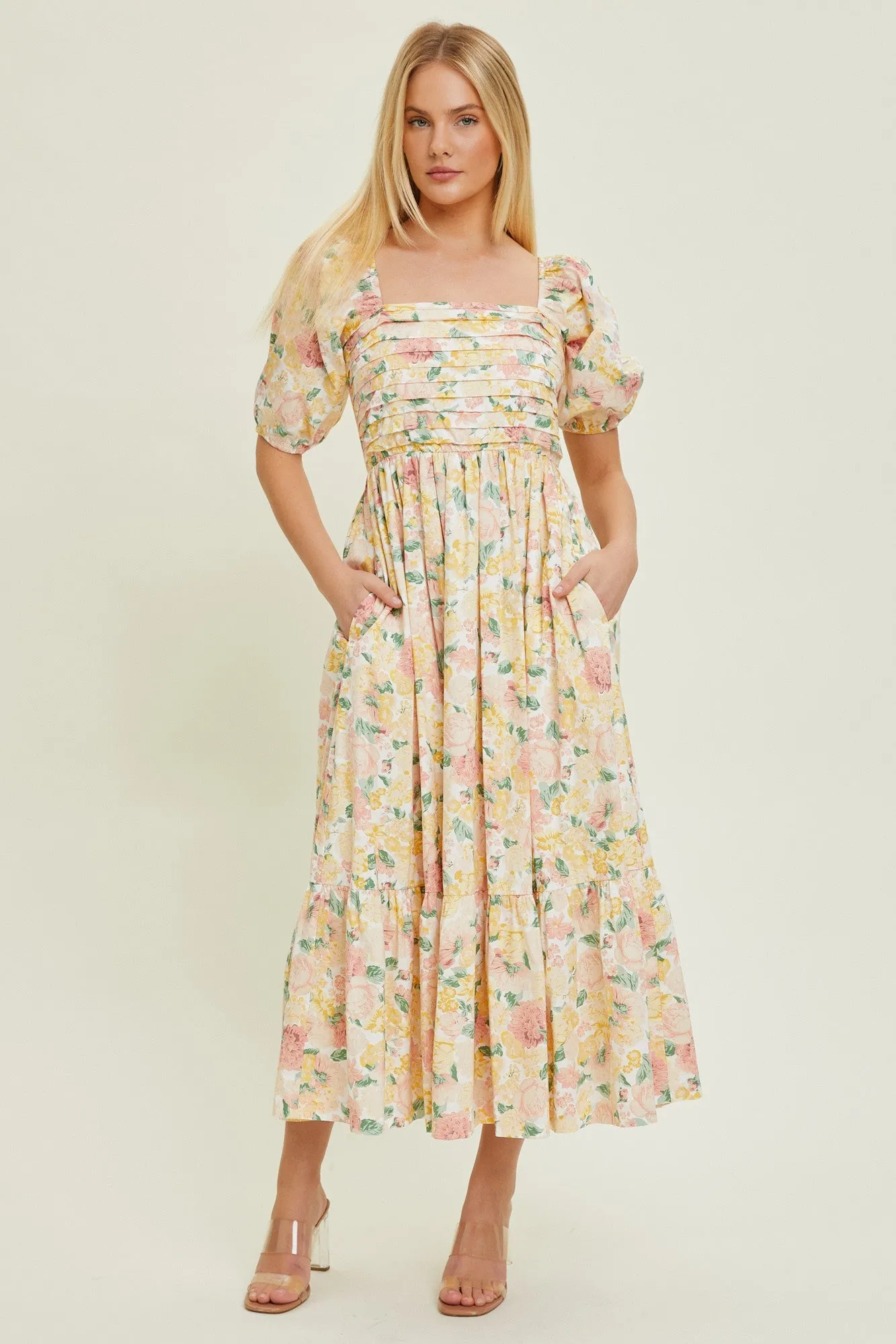 Ivory Floral Pleated Puff Sleeve Midi Dress sold by Pinkblush