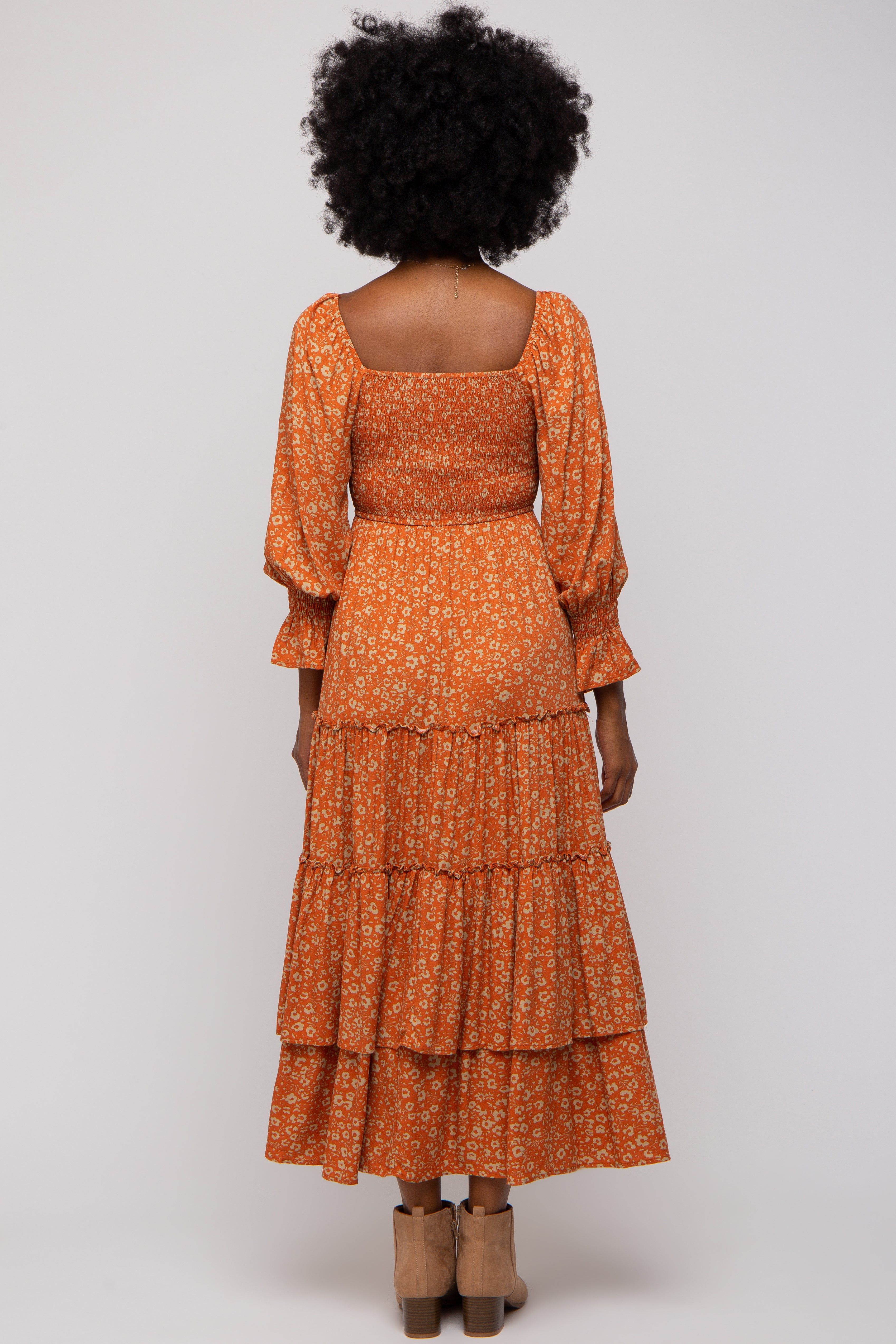 Rust Floral Smocked Front Cutout Tiered Maxi Dress sold by Pinkblush product image thumbnail 3