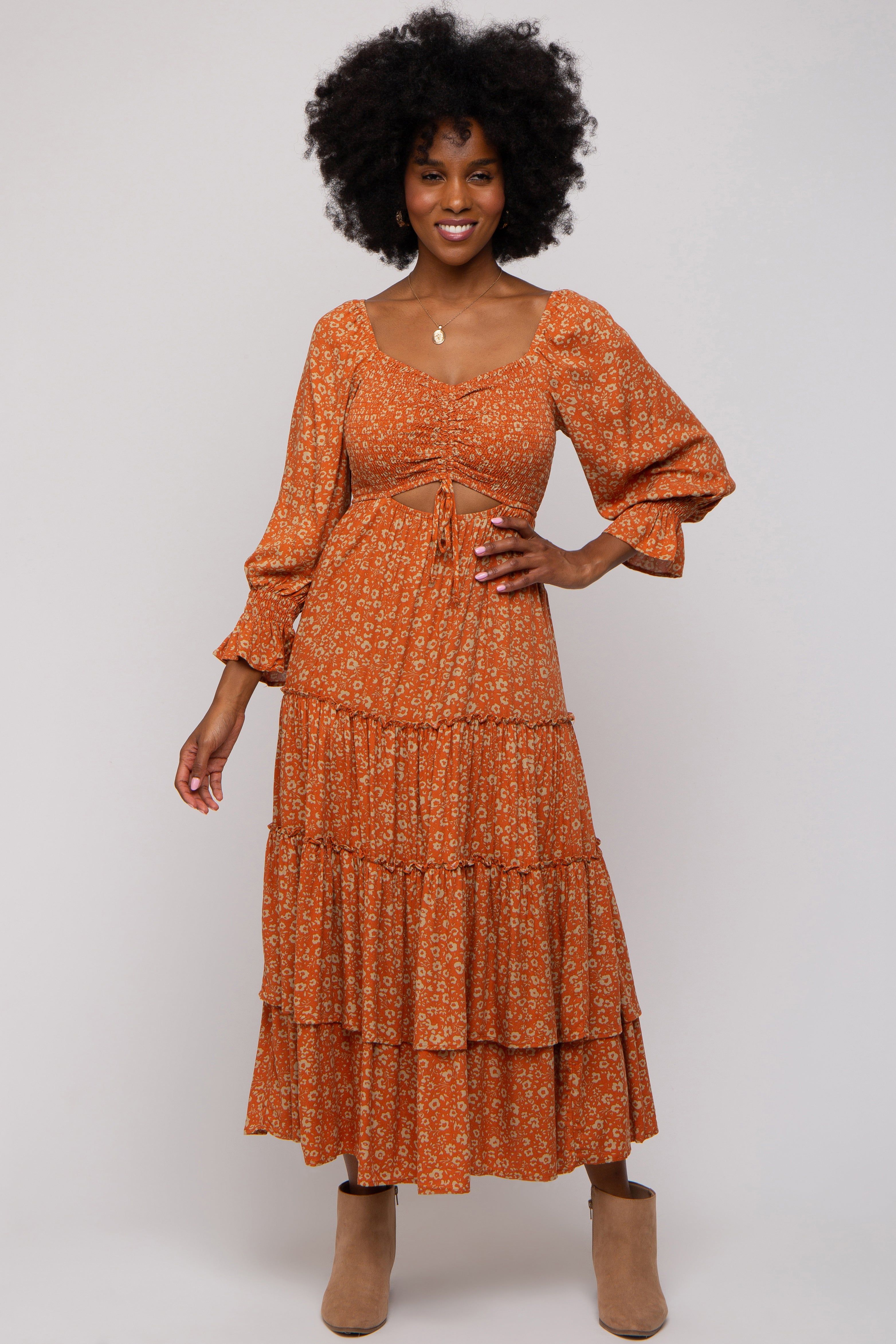 Rust Floral Smocked Front Cutout Tiered Maxi Dress sold by Pinkblush