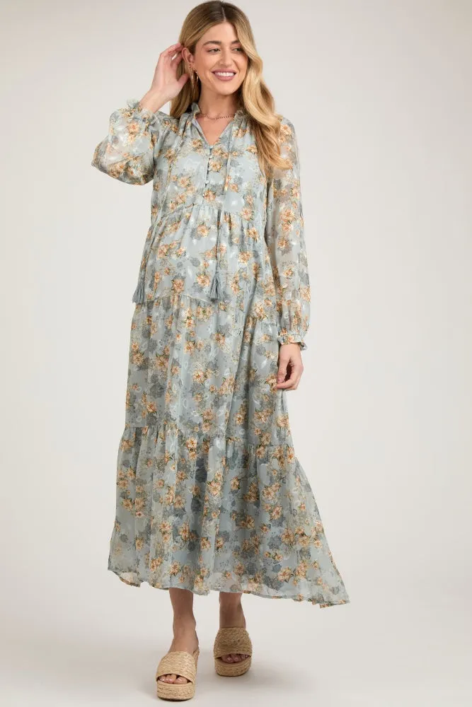 Light Blue Floral Button Front Tiered Maternity Maxi Dress sold by Pinkblush
