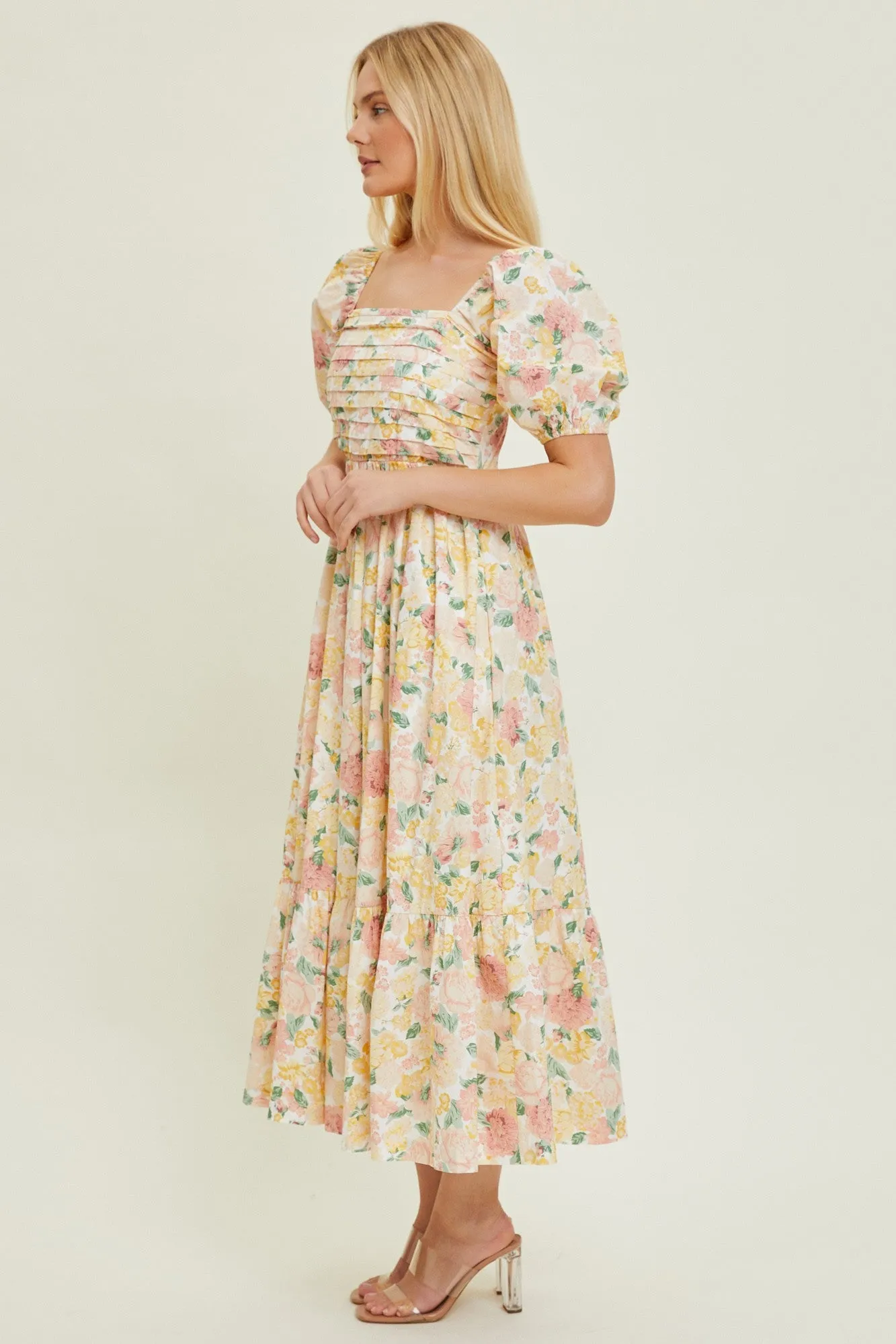Ivory Floral Pleated Puff Sleeve Midi Dress sold by Pinkblush product image thumbnail 2