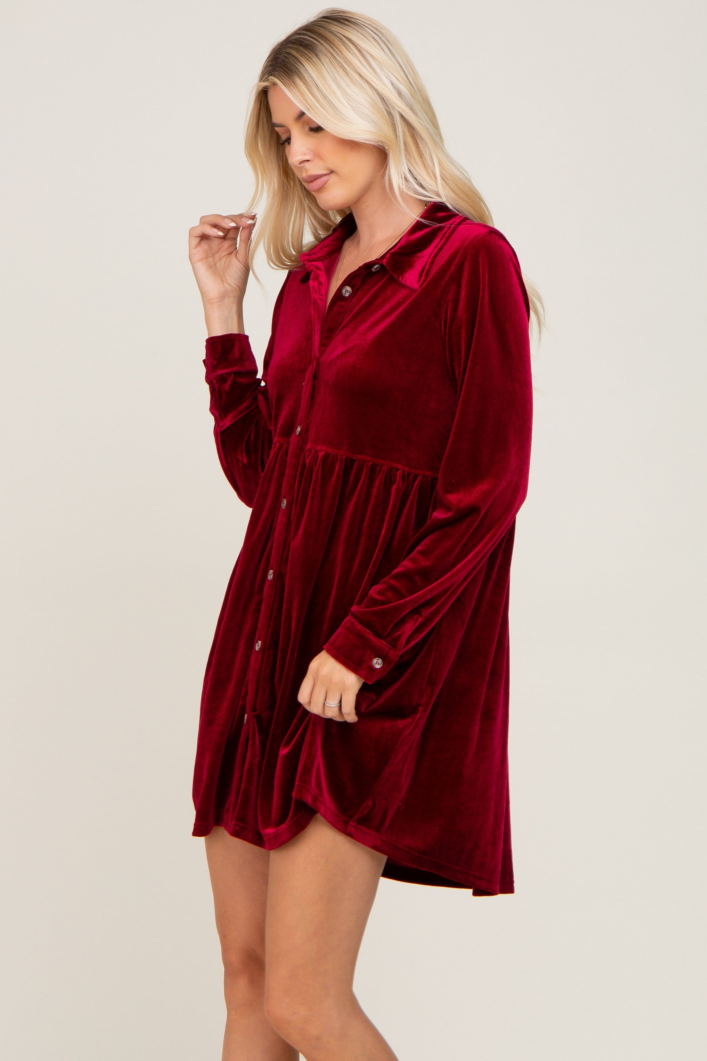 Burgundy Velvet Button Down Mini Dress sold by Pinkblush product image thumbnail 2