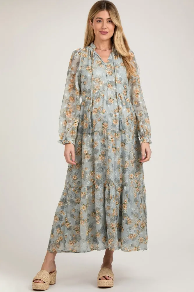 Light Blue Floral Button Front Tiered Maternity Maxi Dress sold by Pinkblush product image thumbnail 2