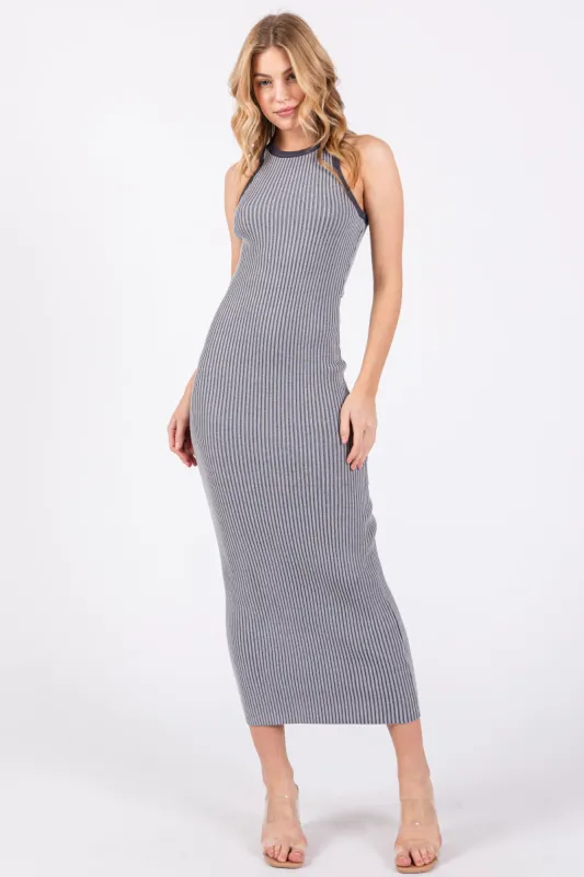 Gray Ribbed Knit Sleeveless Fitted Midi Dress sold by Pinkblush