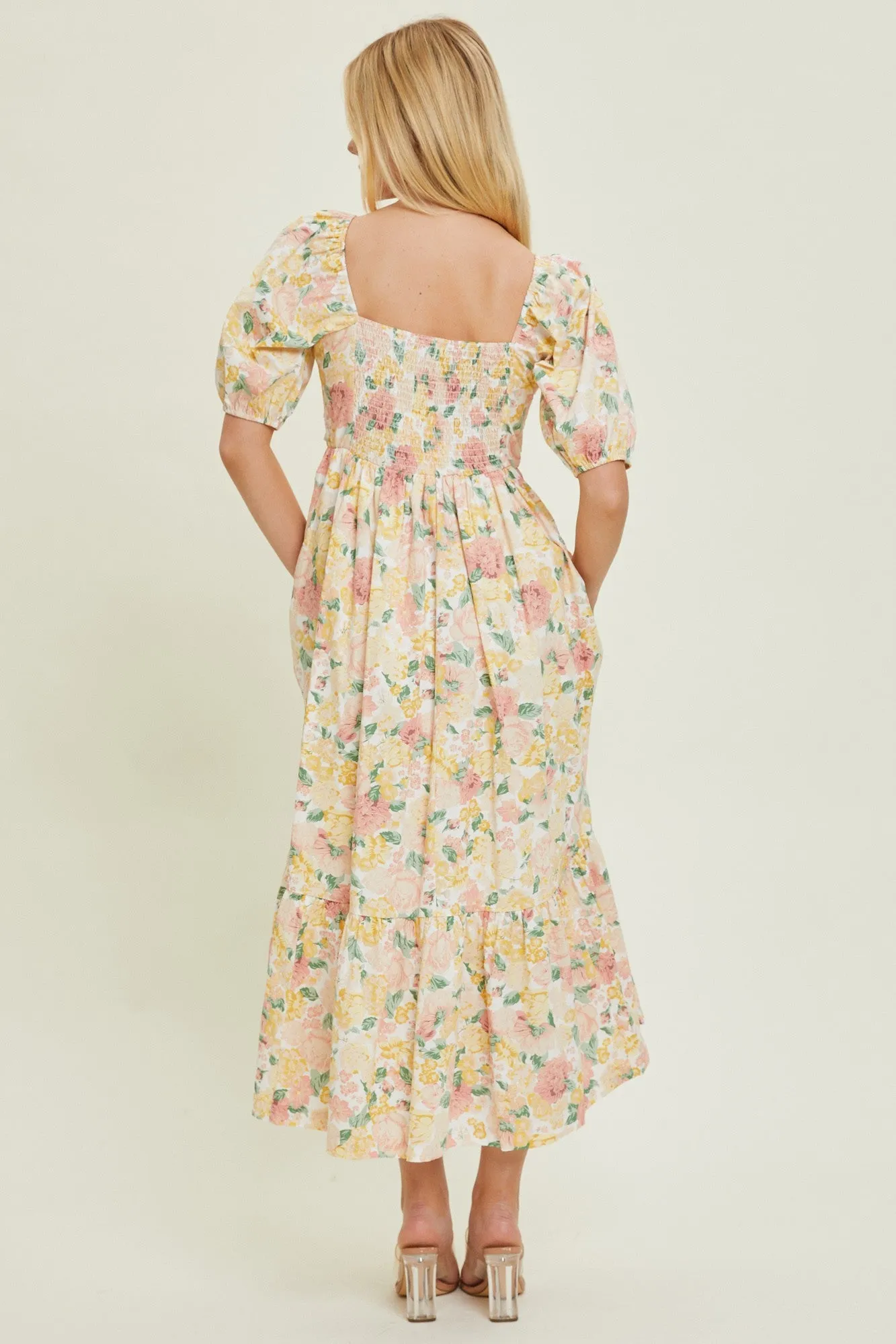 Ivory Floral Pleated Puff Sleeve Midi Dress sold by Pinkblush product image thumbnail 3