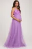 Purple Floral Applique Lace-Up Back Tulle Maternity Maxi Dress sold by Pinkblush