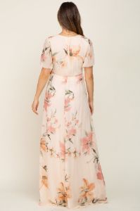 Cream Floral Chiffon Wrap Front Short Sleeve Maternity Maxi Dress sold by Pinkblush
