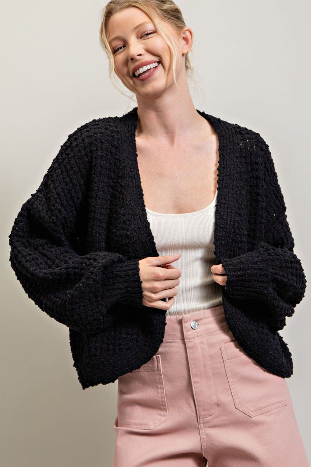 Black Cropped Chunky Open Knit Cardigan sold by Pinkblush