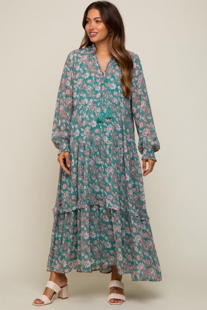 Jade Floral Chiffon Ruffle Trim Button Front Long Sleeve Maternity Midi Dress sold by Pinkblush product image thumbnail 5