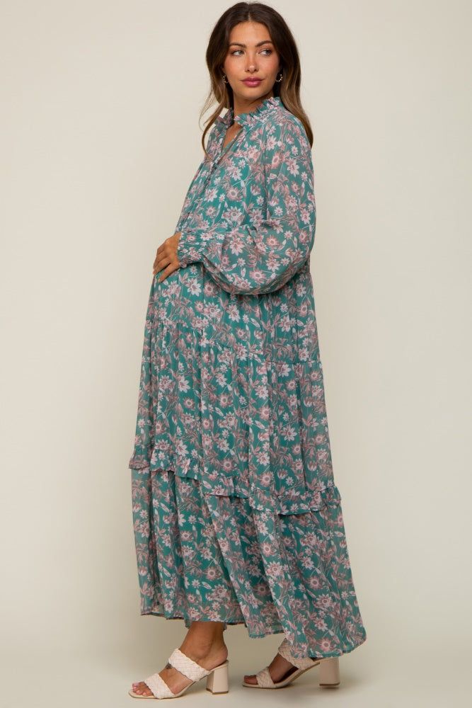 Jade Floral Chiffon Ruffle Trim Button Front Long Sleeve Maternity Midi Dress sold by Pinkblush product image thumbnail 2