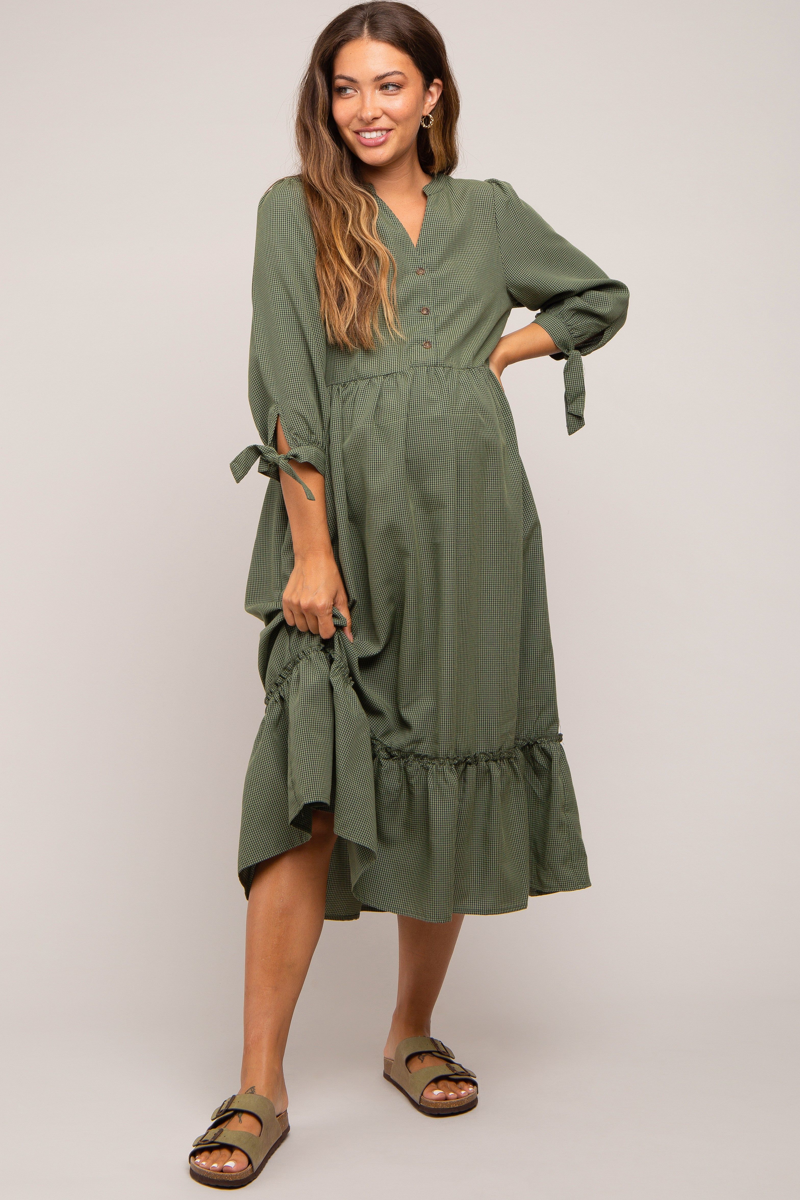 Olive Gingham Front Button Sleeve Tie Maternity Midi Dress sold by Pinkblush product image thumbnail 4