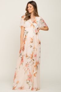 Cream Floral Chiffon Wrap Front Short Sleeve Maternity Maxi Dress sold by Pinkblush