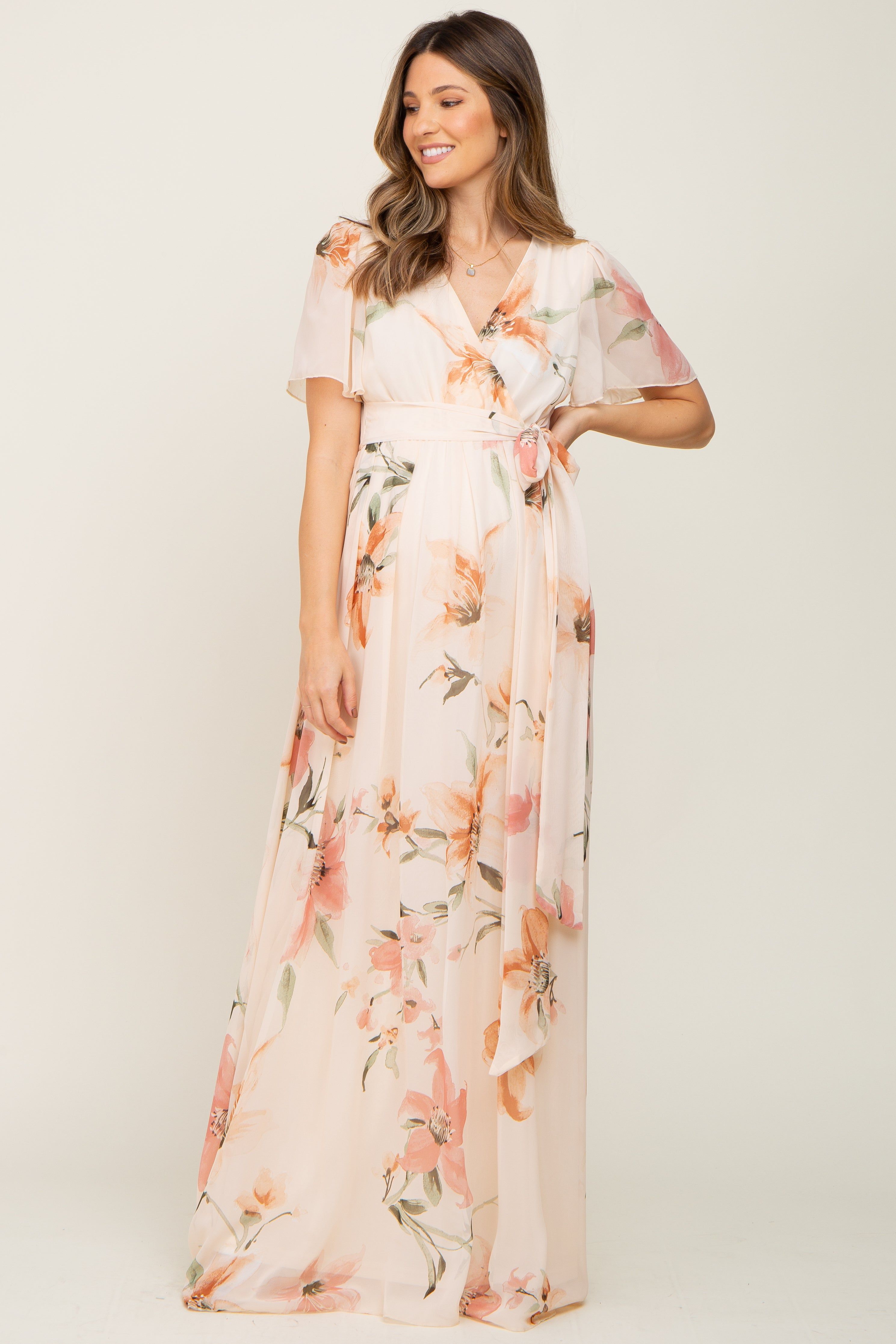 Cream Floral Chiffon Wrap Front Short Sleeve Maternity Maxi Dress sold by Pinkblush product image thumbnail 4