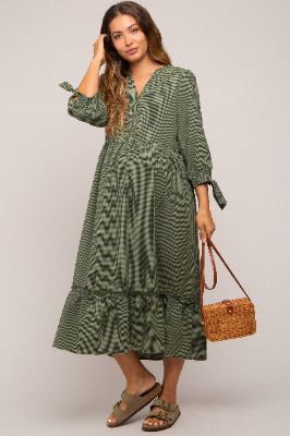 Olive Gingham Front Button Sleeve Tie Maternity Midi Dress sold by Pinkblush