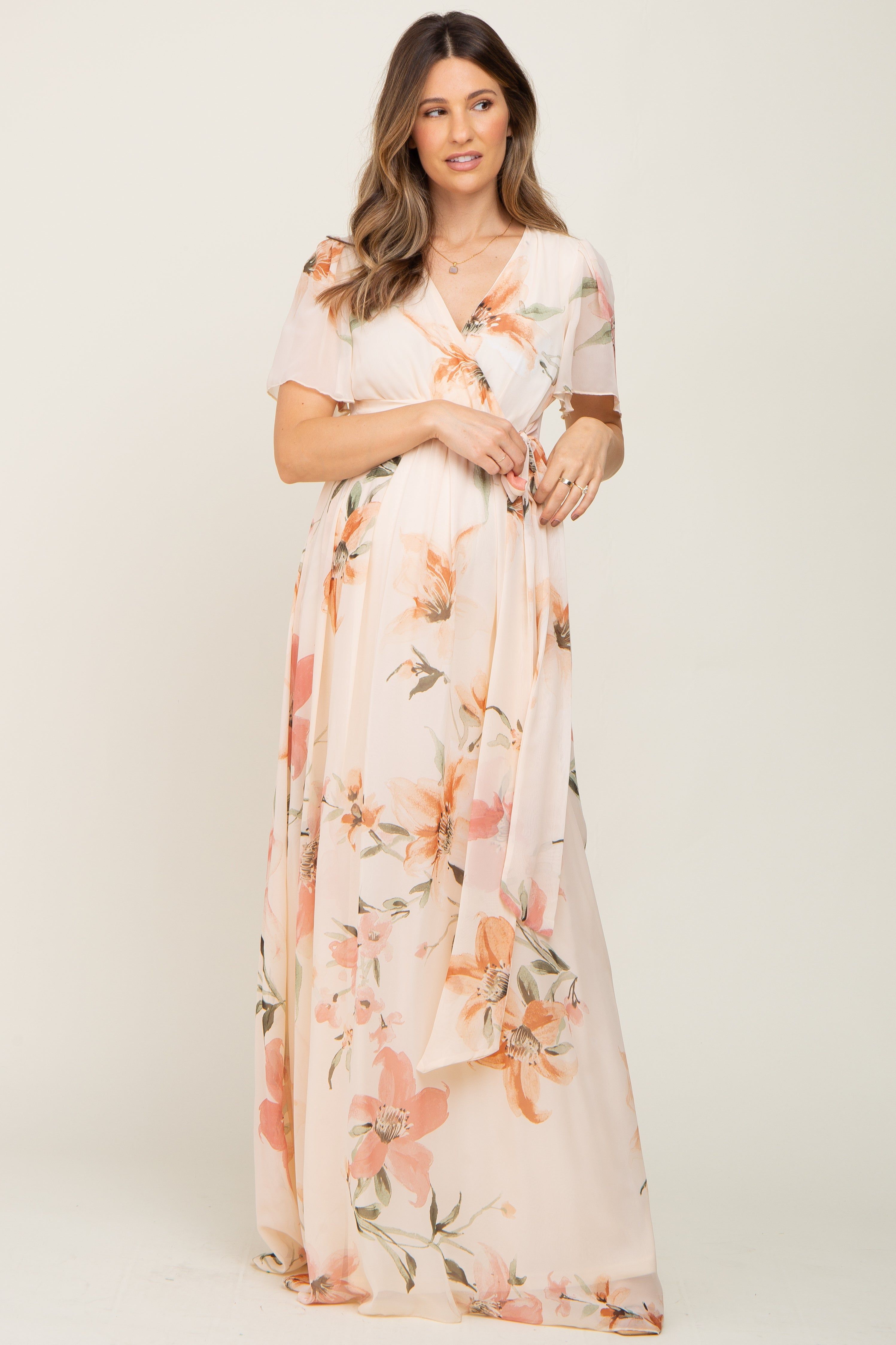 Cream Floral Chiffon Wrap Front Short Sleeve Maternity Maxi Dress sold by Pinkblush