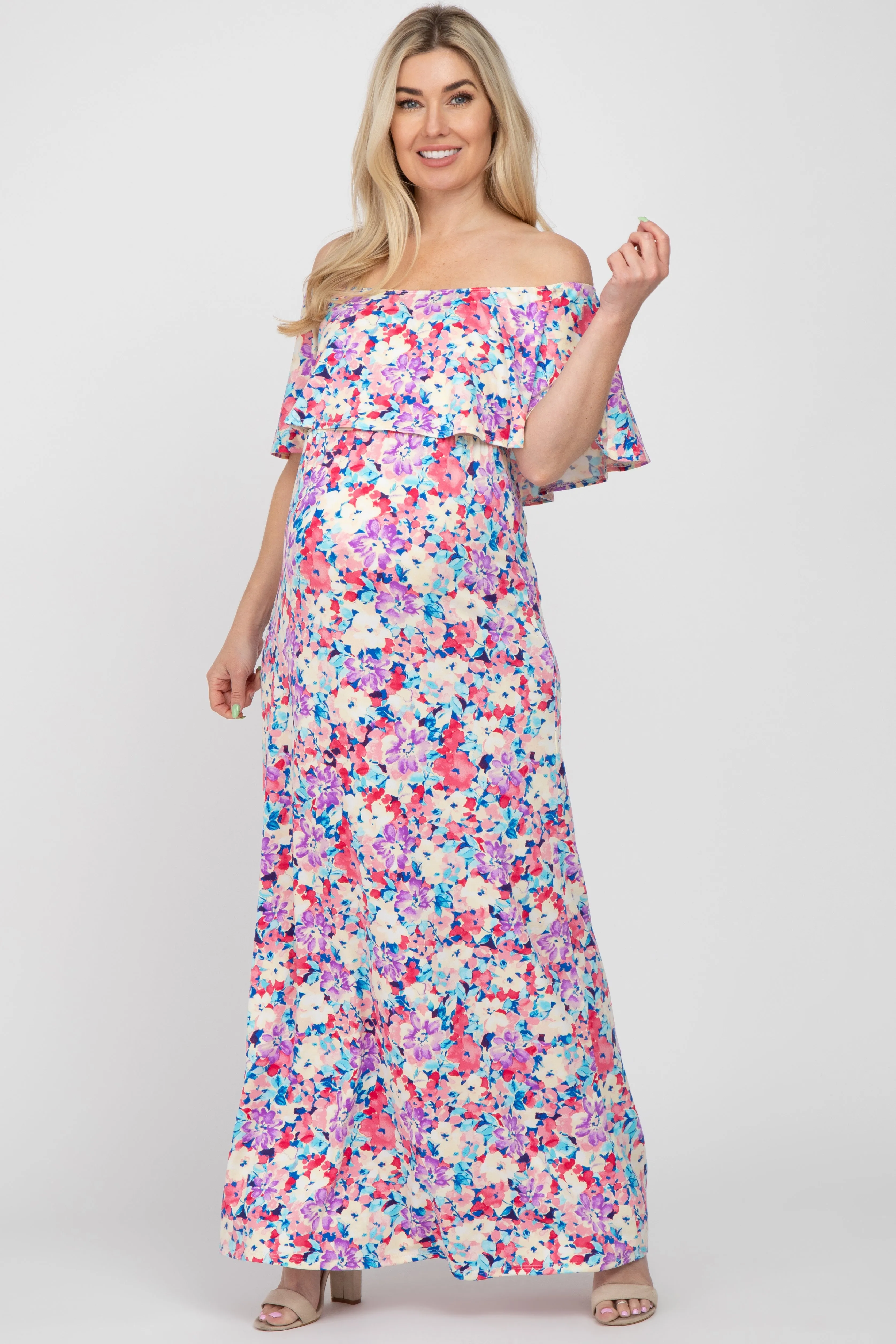 Pink Floral Off Shoulder Maternity Maxi Dress sold by Pinkblush