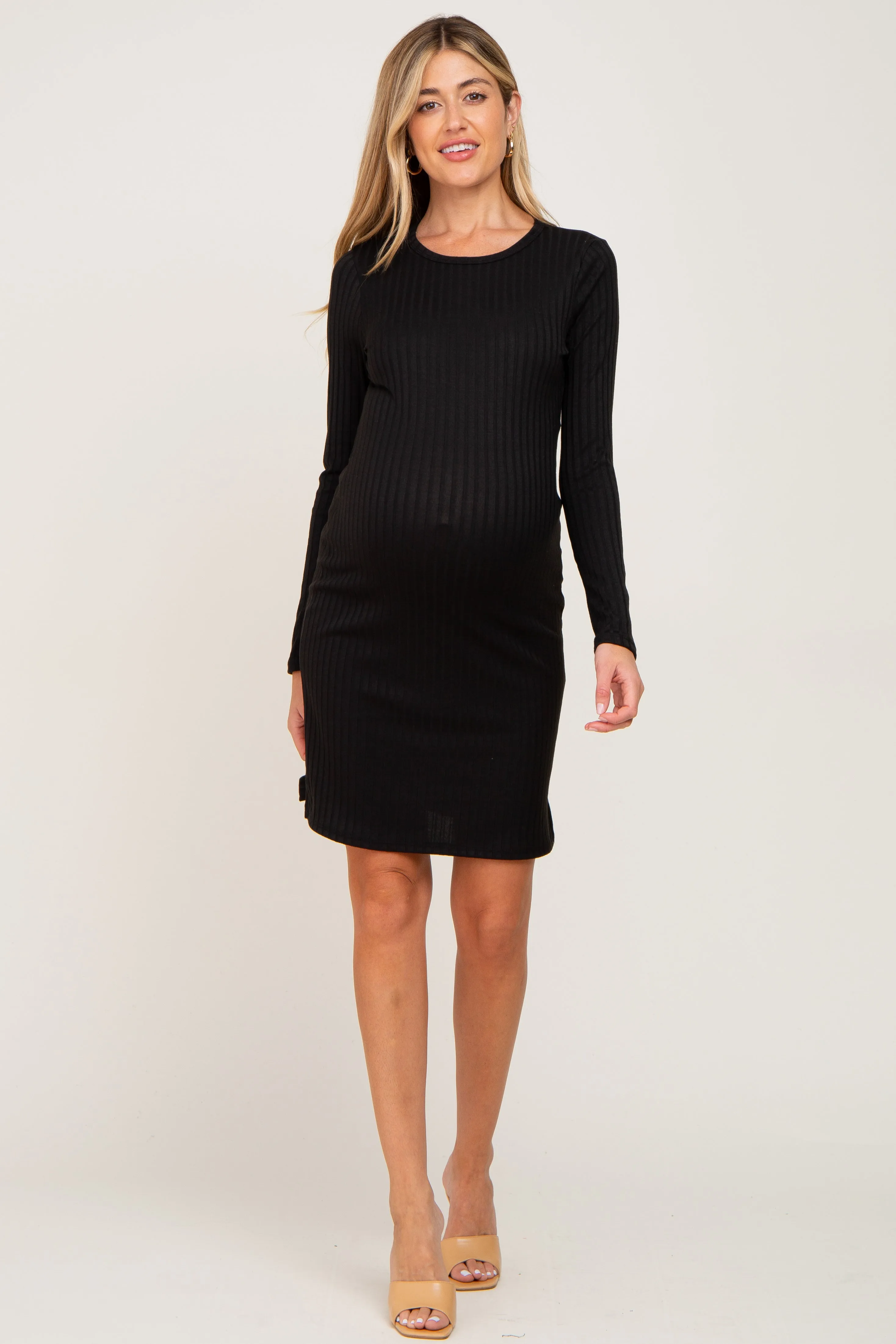 Black Ribbed Basic Long Sleeve Maternity Dress sold by Pinkblush product image thumbnail 4