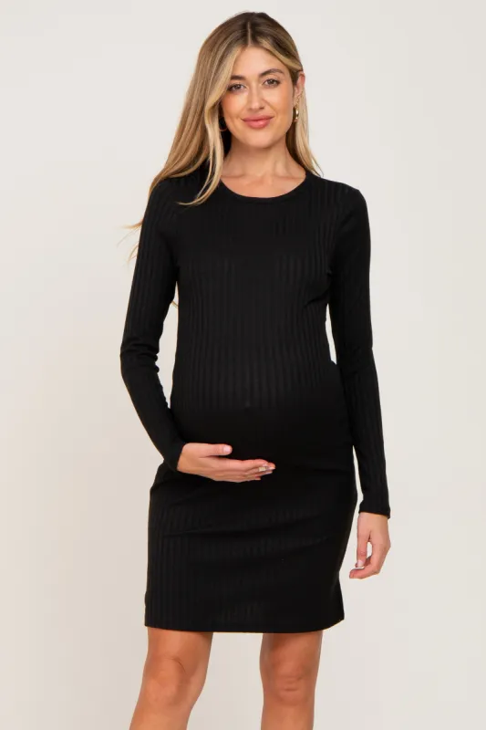 Black Ribbed Basic Long Sleeve Maternity Dress sold by Pinkblush