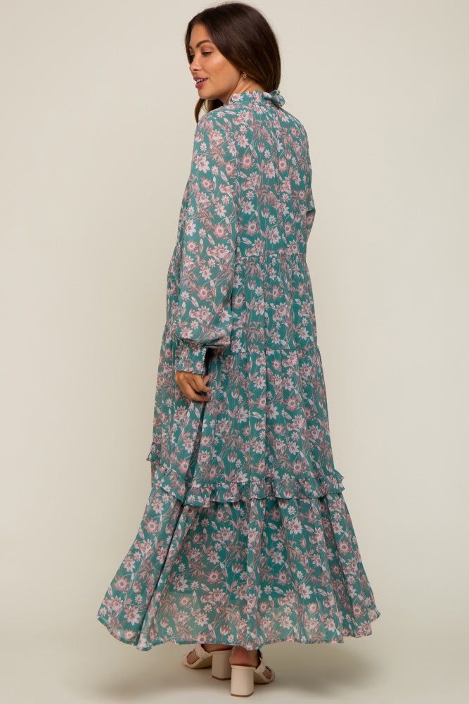 Jade Floral Chiffon Ruffle Trim Button Front Long Sleeve Maternity Midi Dress sold by Pinkblush product image thumbnail 3