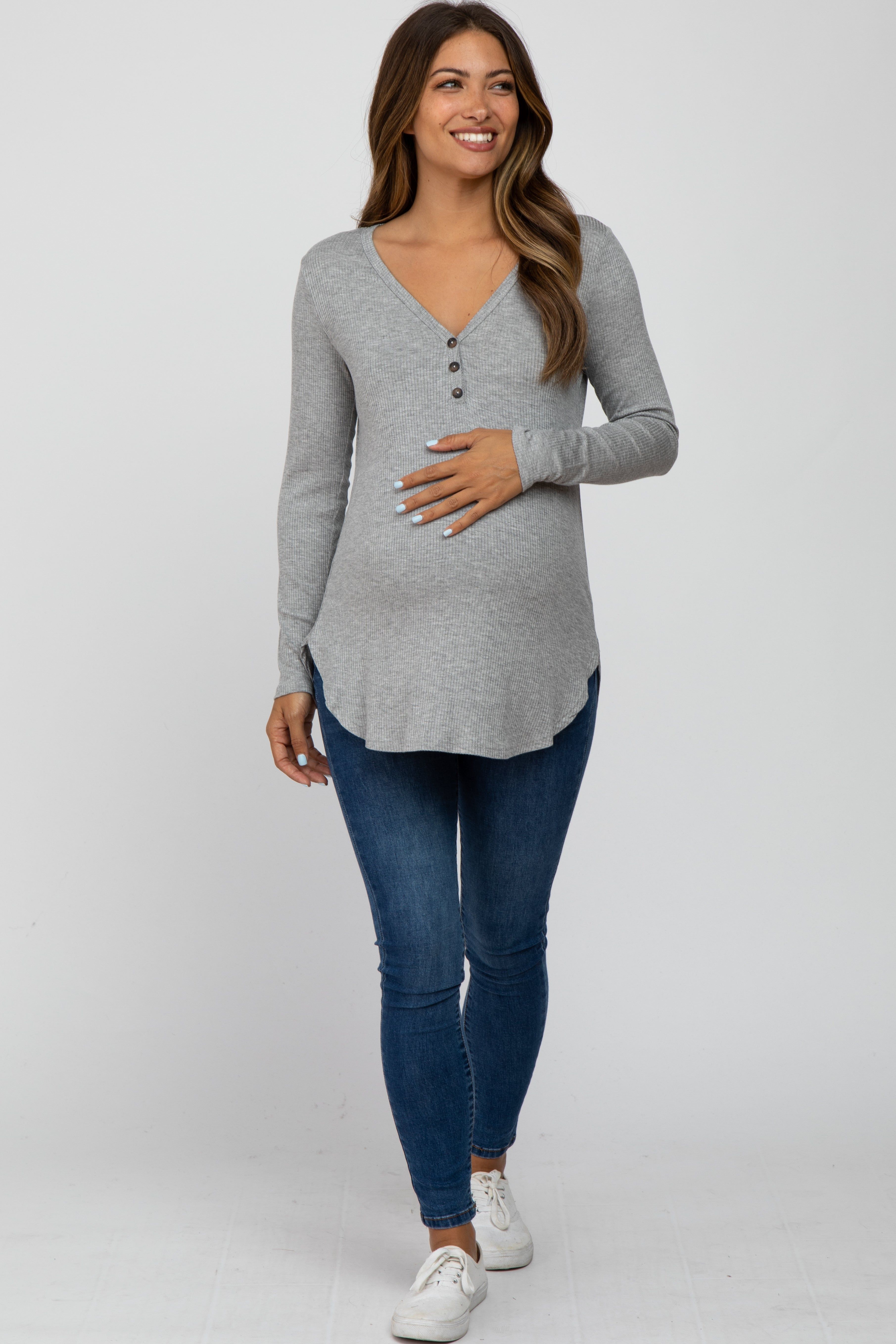 Heather Grey Button Accent Long Sleeve Maternity Top sold by Pinkblush product image thumbnail 4