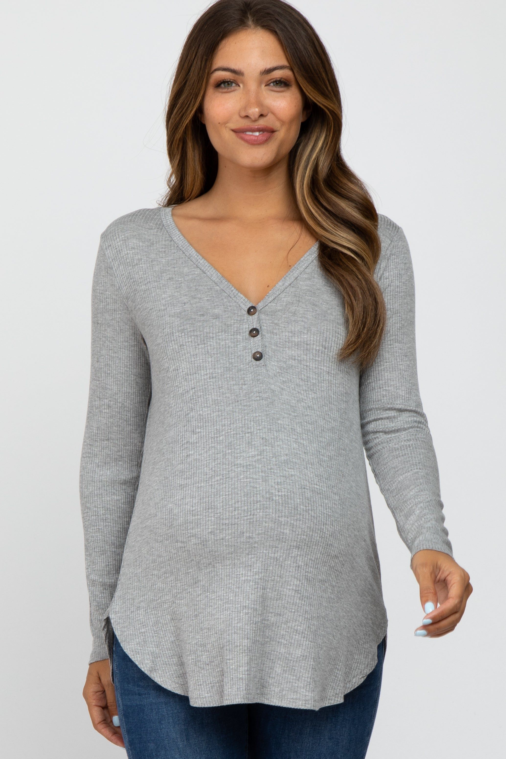 Heather Grey Button Accent Long Sleeve Maternity Top sold by Pinkblush