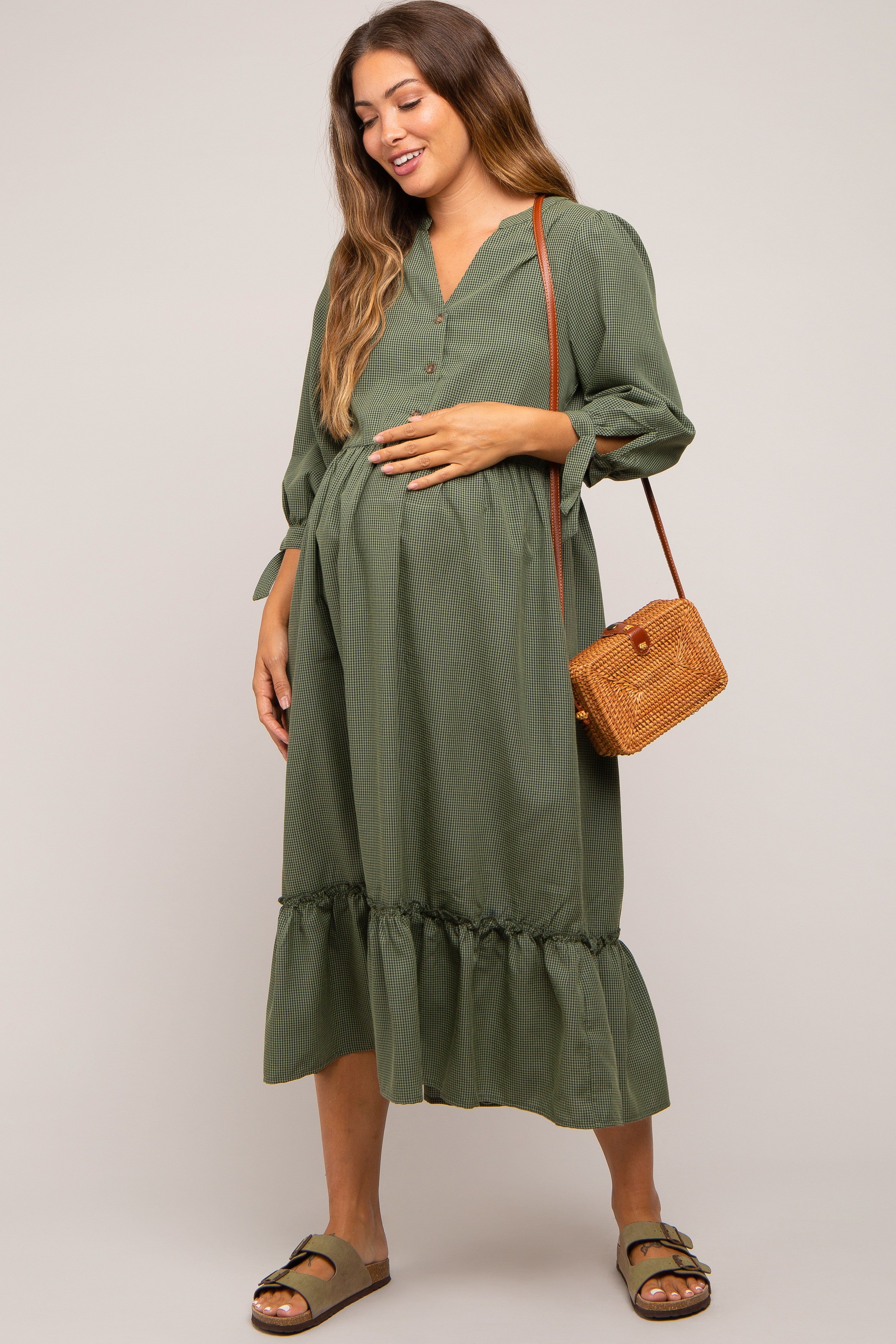 Olive Gingham Front Button Sleeve Tie Maternity Midi Dress sold by Pinkblush product image thumbnail 5