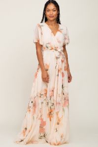 Cream Floral Chiffon Wrap Front Short Sleeve Maternity Maxi Dress sold by Pinkblush