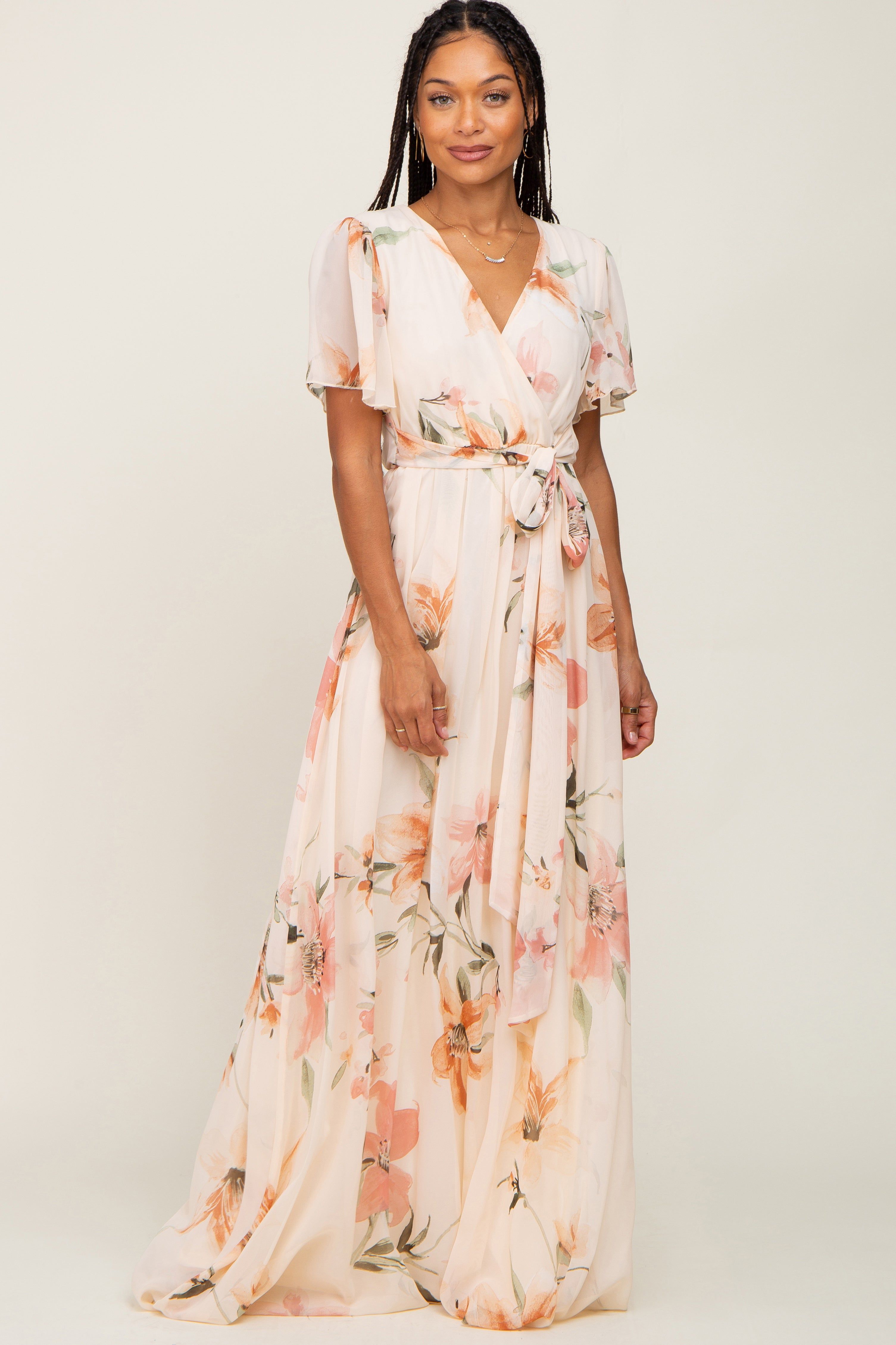 Cream Floral Chiffon Wrap Front Short Sleeve Maternity Maxi Dress sold by Pinkblush product image thumbnail 5