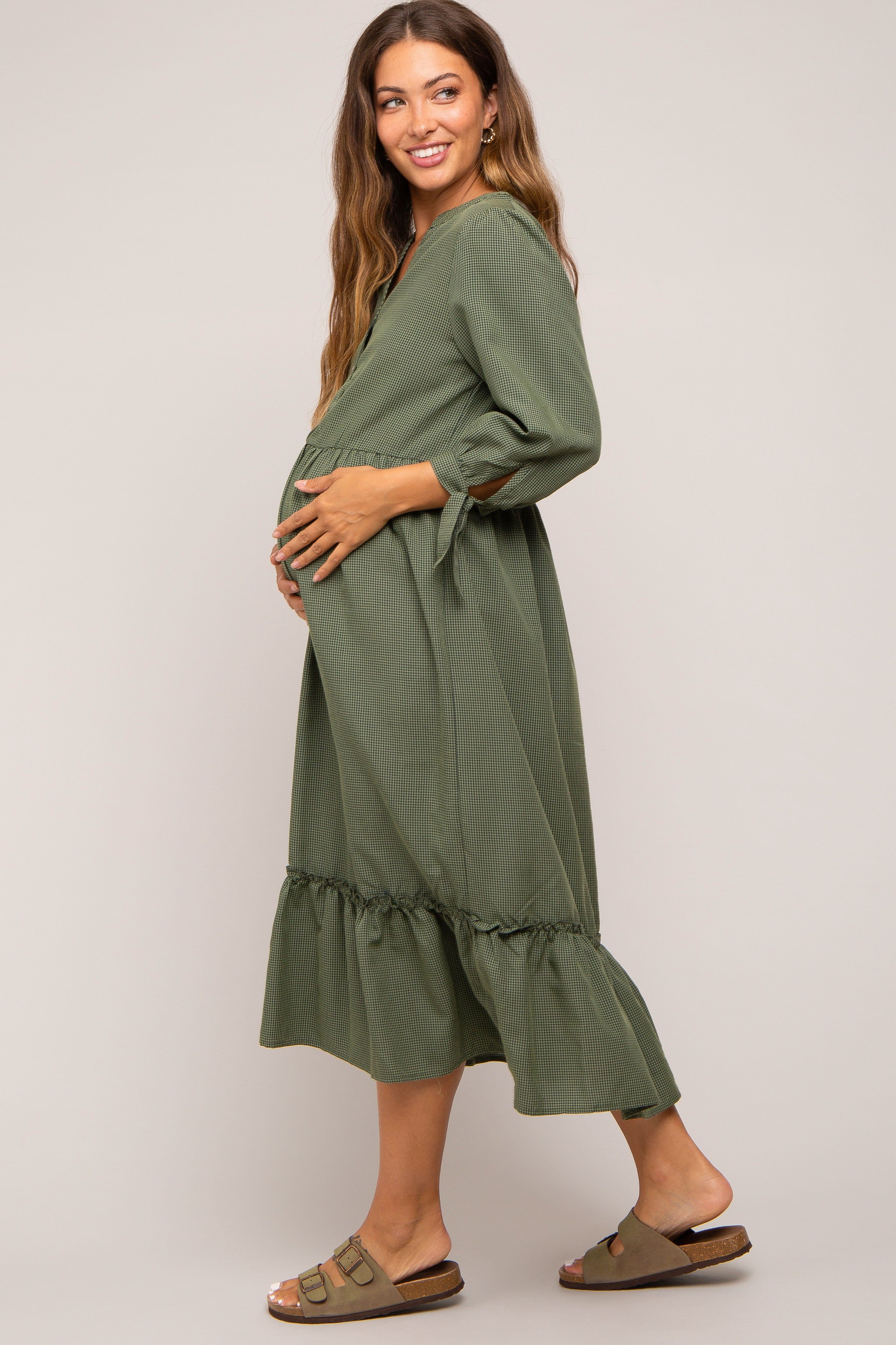Olive Gingham Front Button Sleeve Tie Maternity Midi Dress sold by Pinkblush product image thumbnail 2