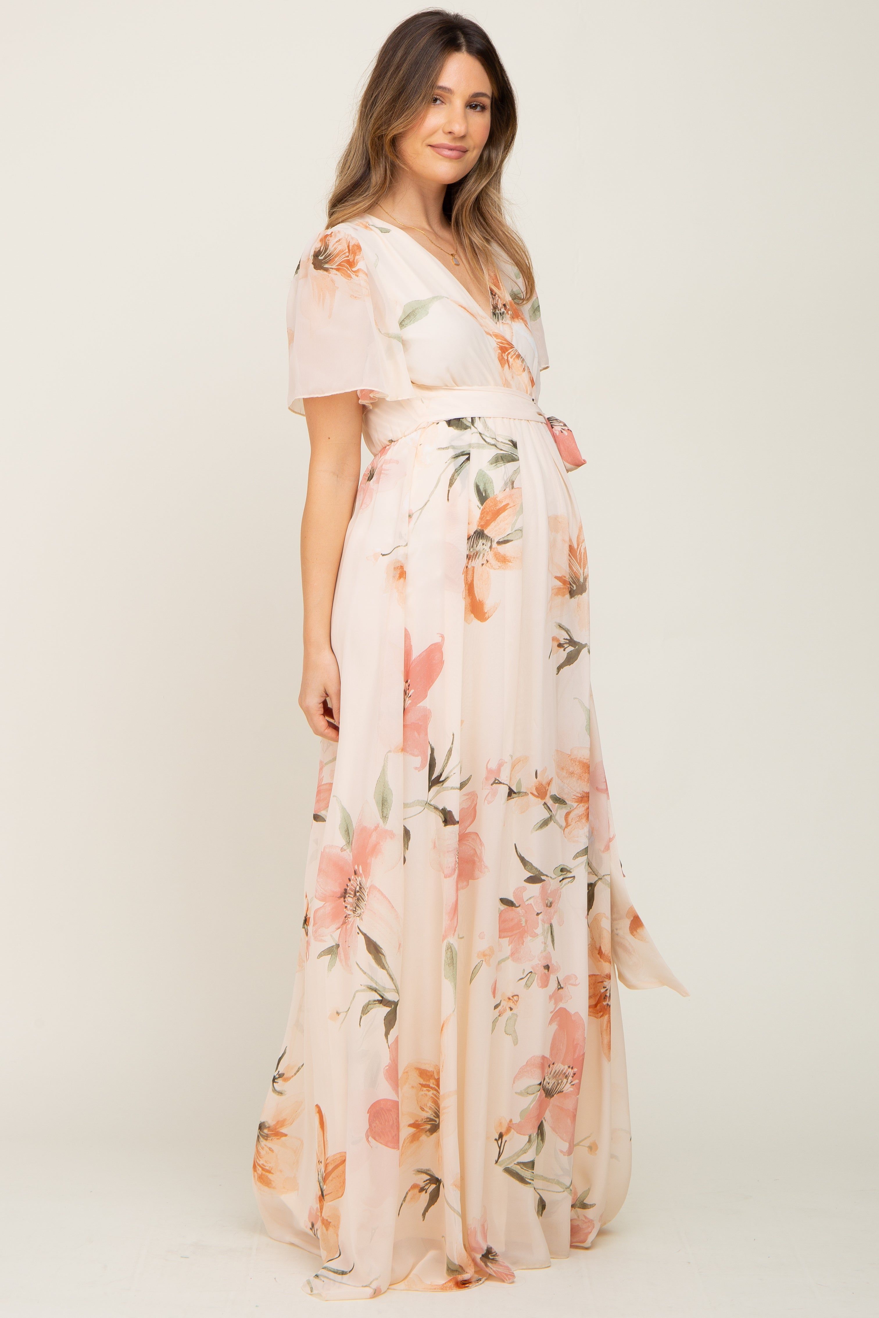 Cream Floral Chiffon Wrap Front Short Sleeve Maternity Maxi Dress sold by Pinkblush product image thumbnail 2