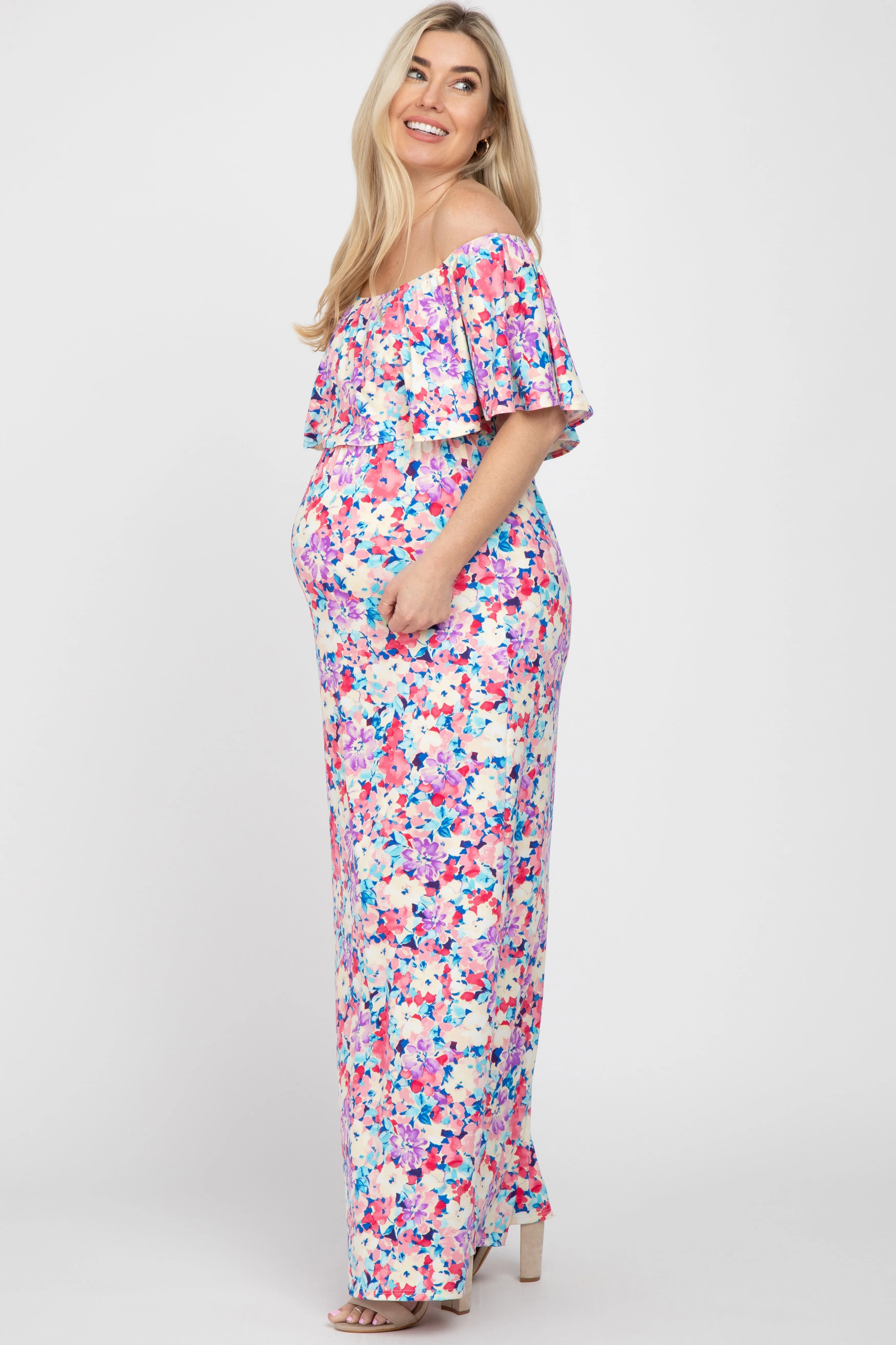 Pink Floral Off Shoulder Maternity Maxi Dress sold by Pinkblush product image thumbnail 2