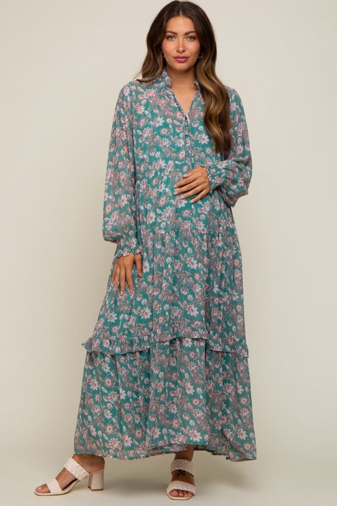 Jade Floral Chiffon Ruffle Trim Button Front Long Sleeve Maternity Midi Dress sold by Pinkblush product image thumbnail 4