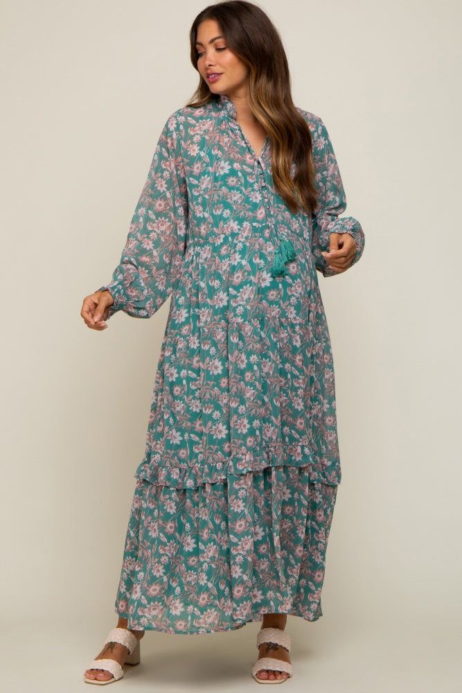 Jade Floral Chiffon Ruffle Trim Button Front Long Sleeve Maternity Midi Dress sold by Pinkblush