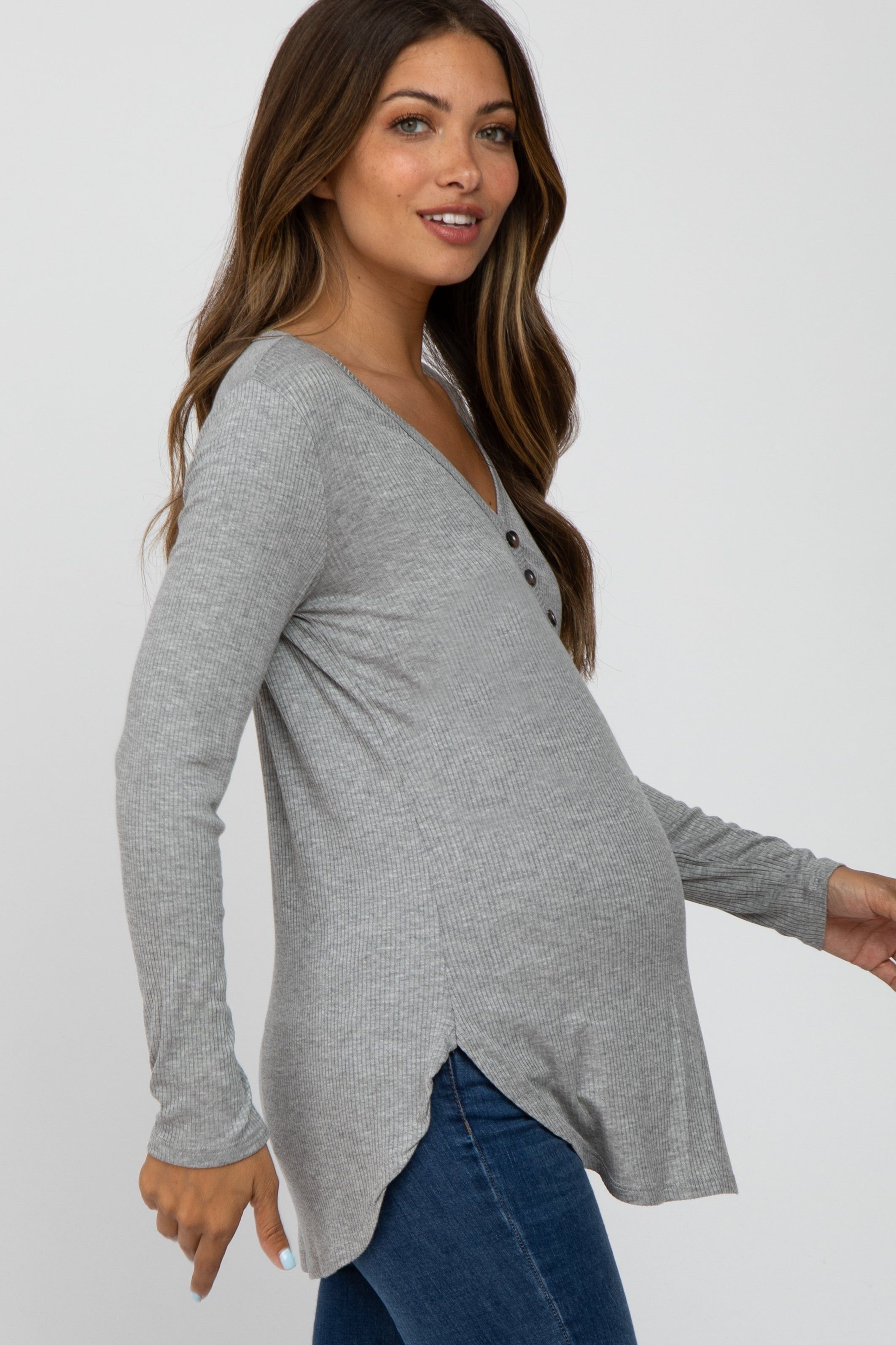 Heather Grey Button Accent Long Sleeve Maternity Top sold by Pinkblush product image thumbnail 2