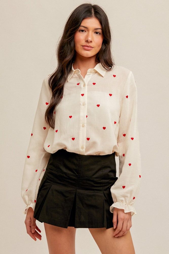 Ivory Red Heart Embroidered Bubble Sleeve Button Down Shirt sold by Pinkblush