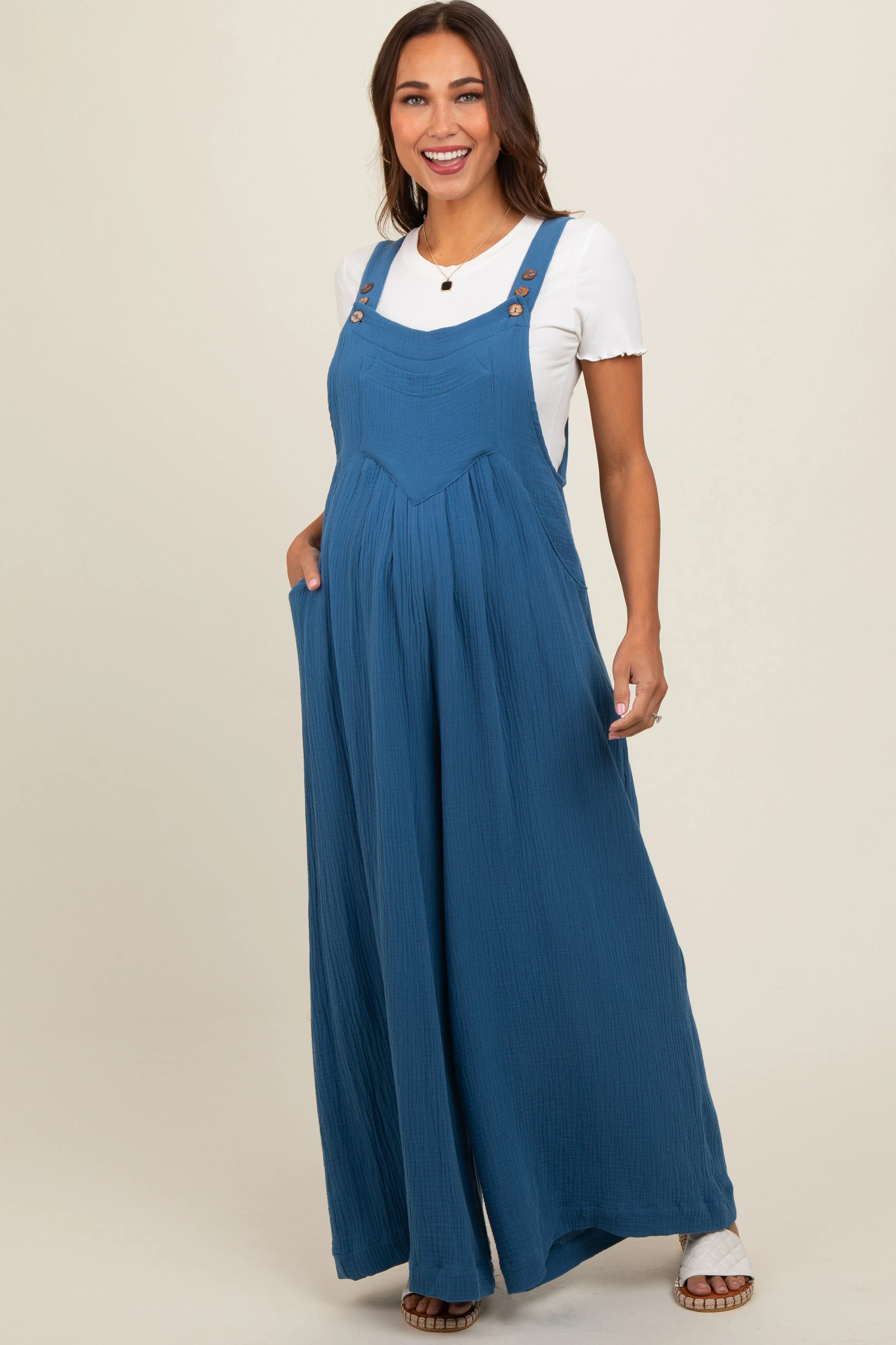 Blue Pocket Front Maternity Wide Leg Jumpsuit sold by Pinkblush