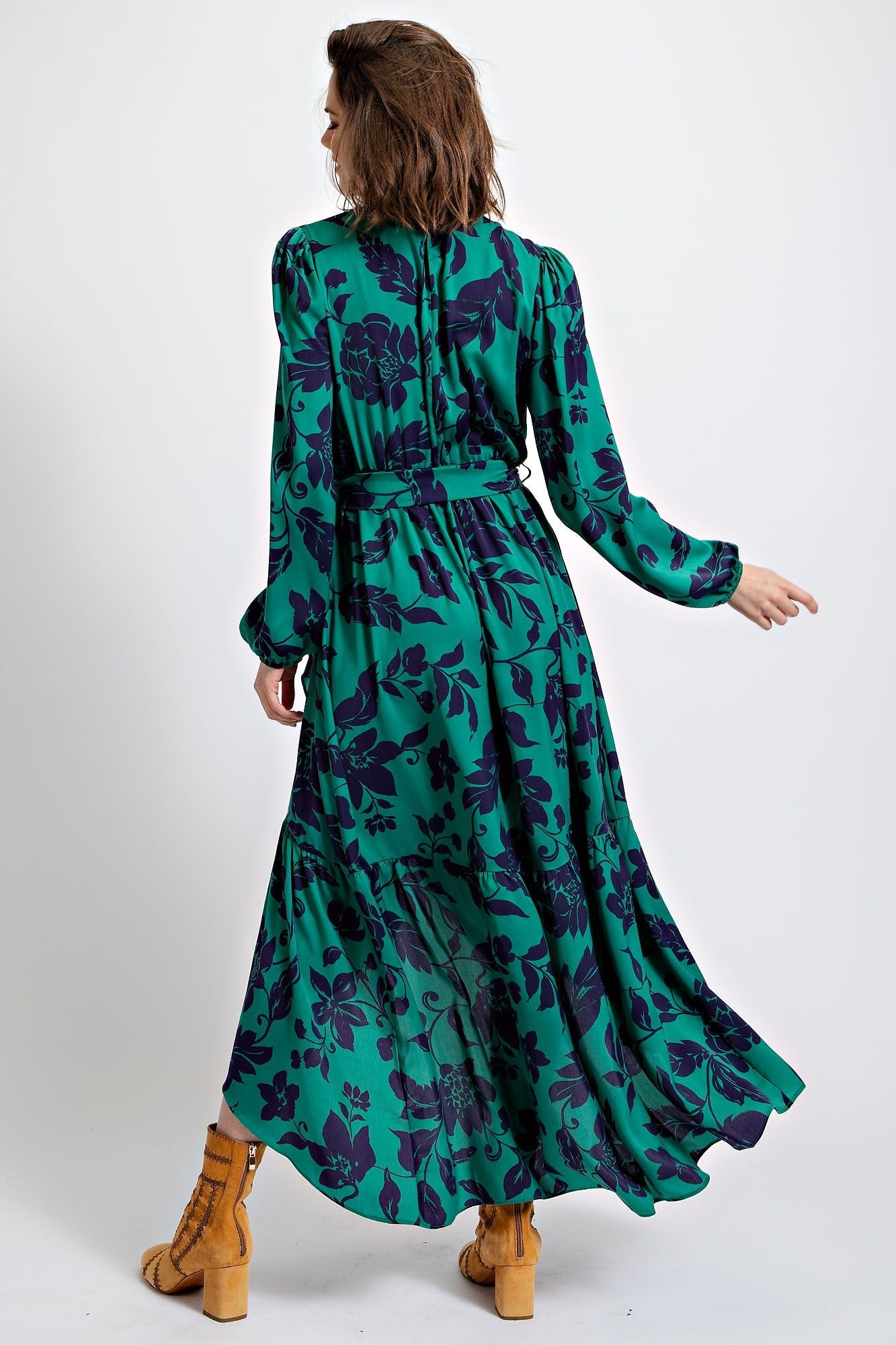 Deep Green Floral Printed Satin Maxi Dress sold by Pinkblush product image thumbnail 3
