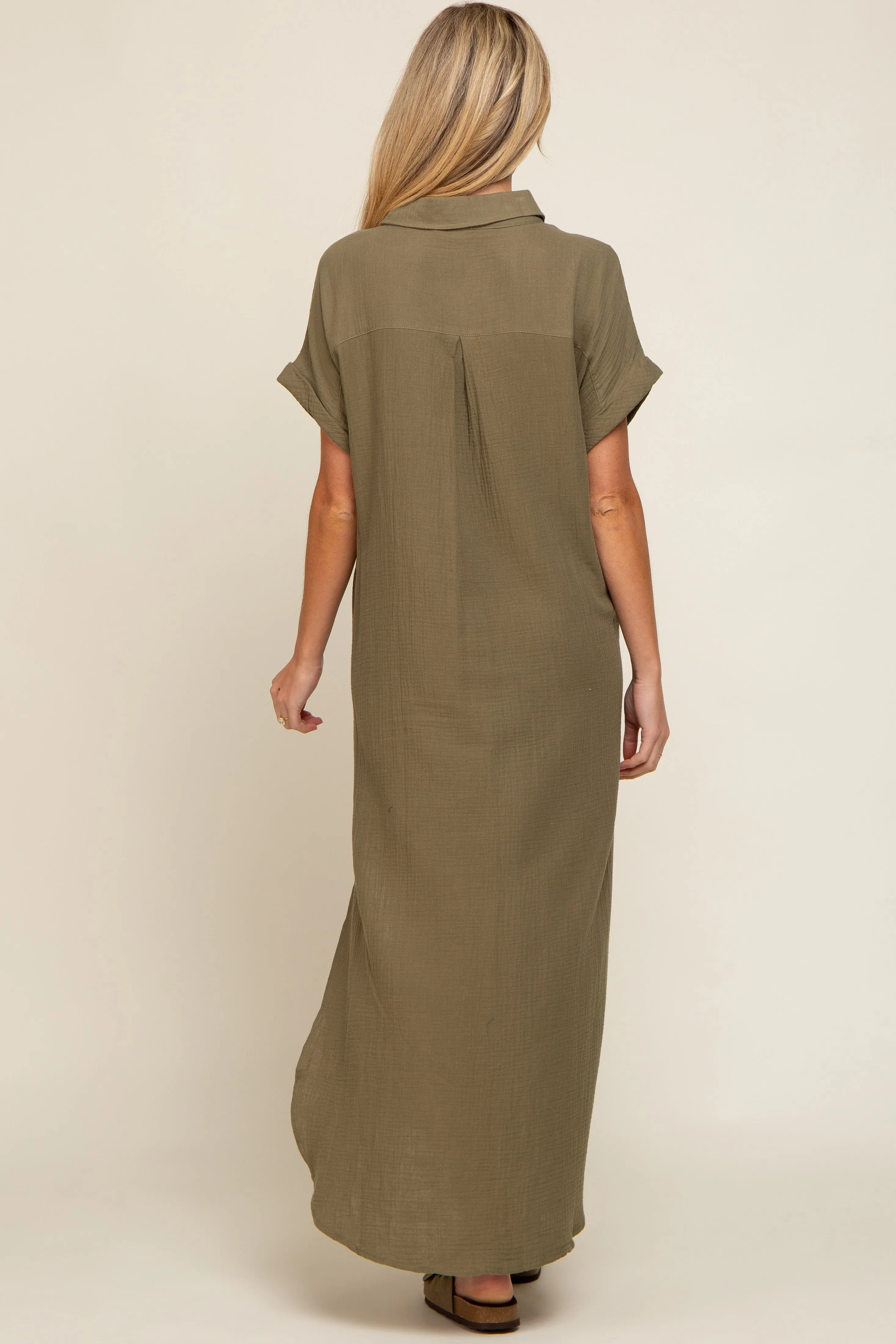 Olive Button Down Maternity Midi Dress sold by Pinkblush product image thumbnail 4