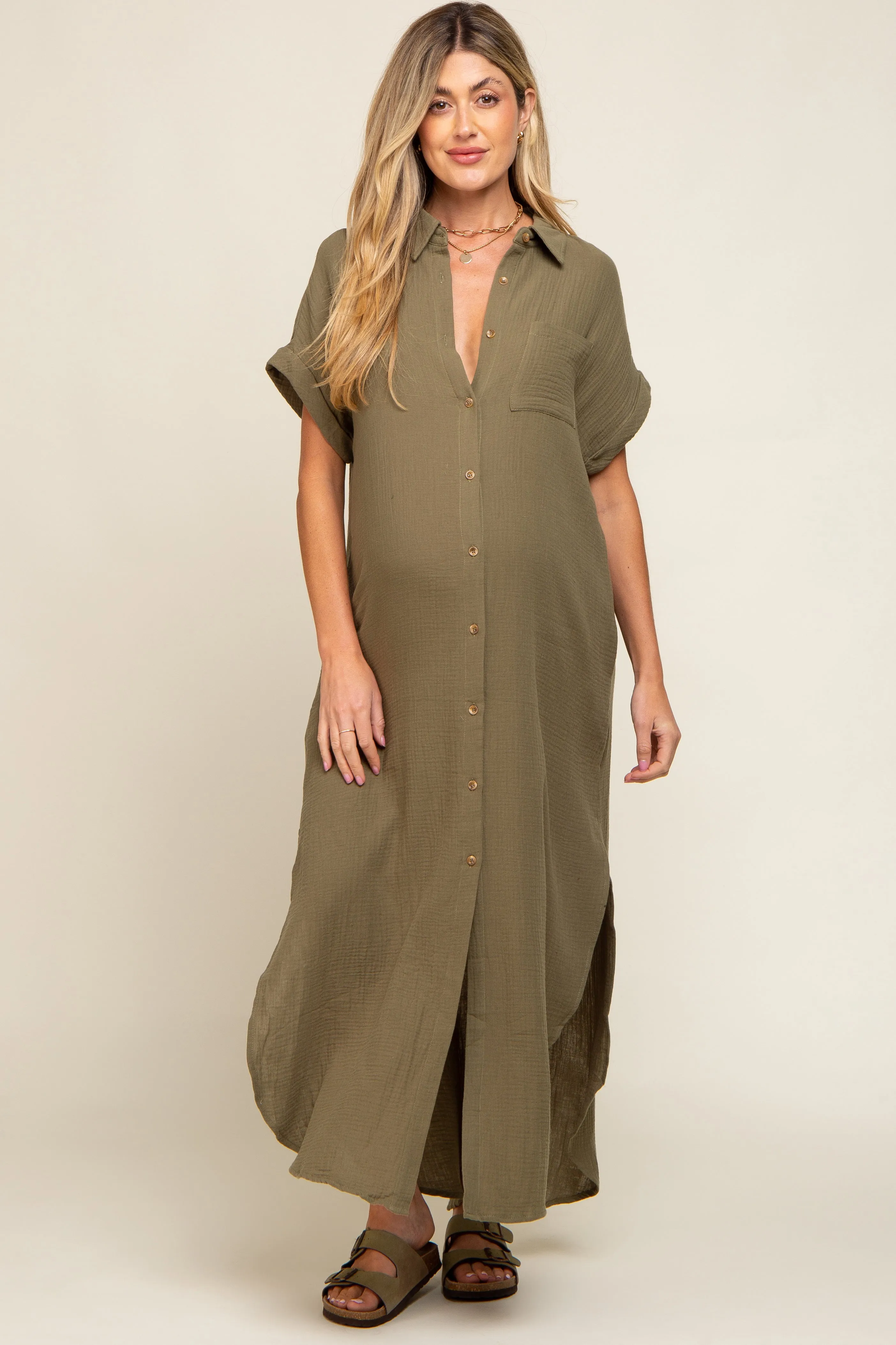 Olive Button Down Maternity Midi Dress sold by Pinkblush