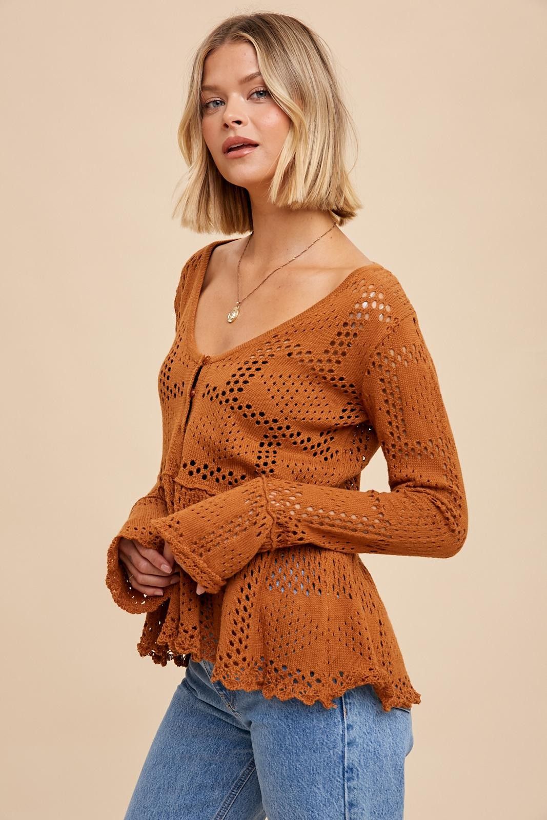 Rust Pointelle Knit Peplum Sweater sold by Pinkblush product image thumbnail 2