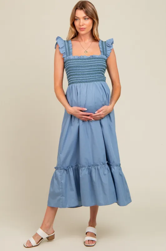 Blue Contrast Stitch Smocked Ruffle Strap Maternity Midi Dress sold by Pinkblush