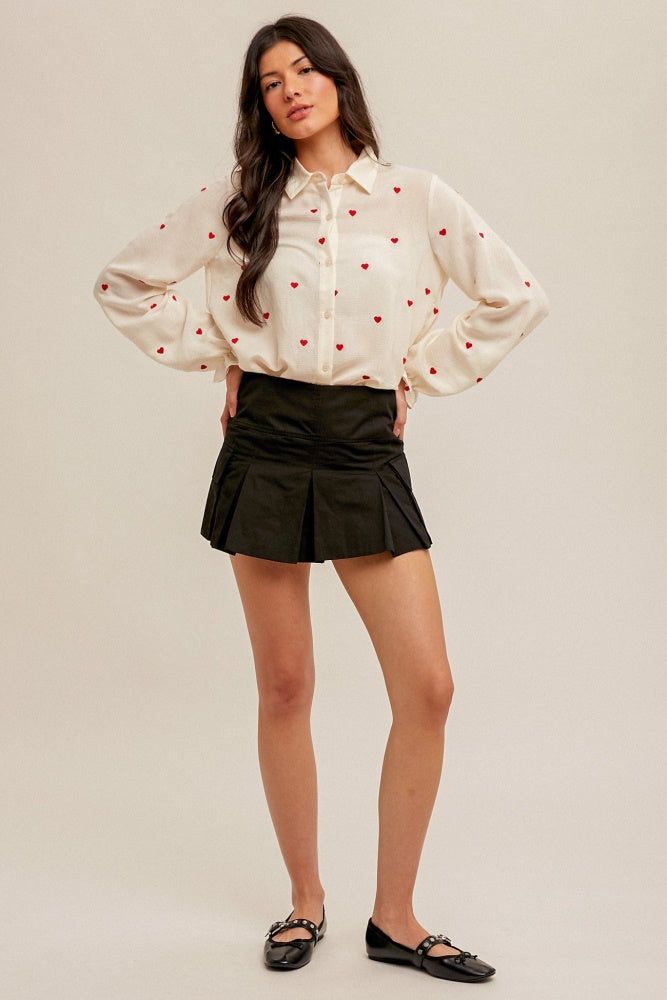 Ivory Red Heart Embroidered Bubble Sleeve Button Down Shirt sold by Pinkblush product image thumbnail 5