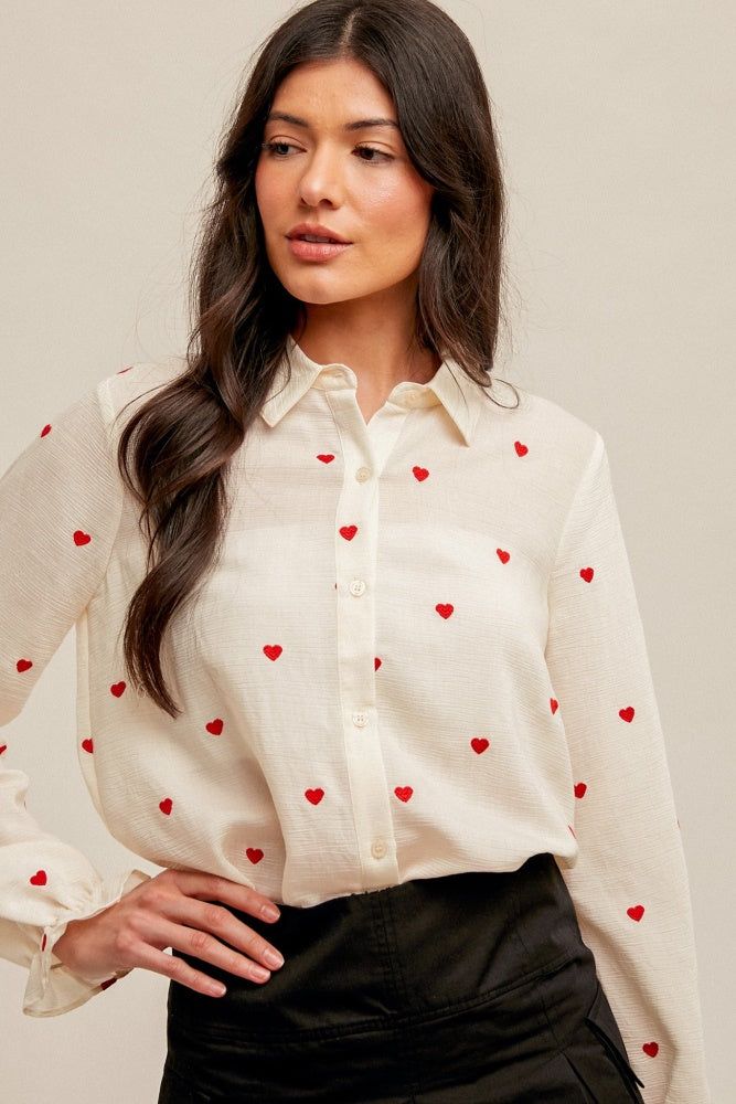 Ivory Red Heart Embroidered Bubble Sleeve Button Down Shirt sold by Pinkblush product image thumbnail 2