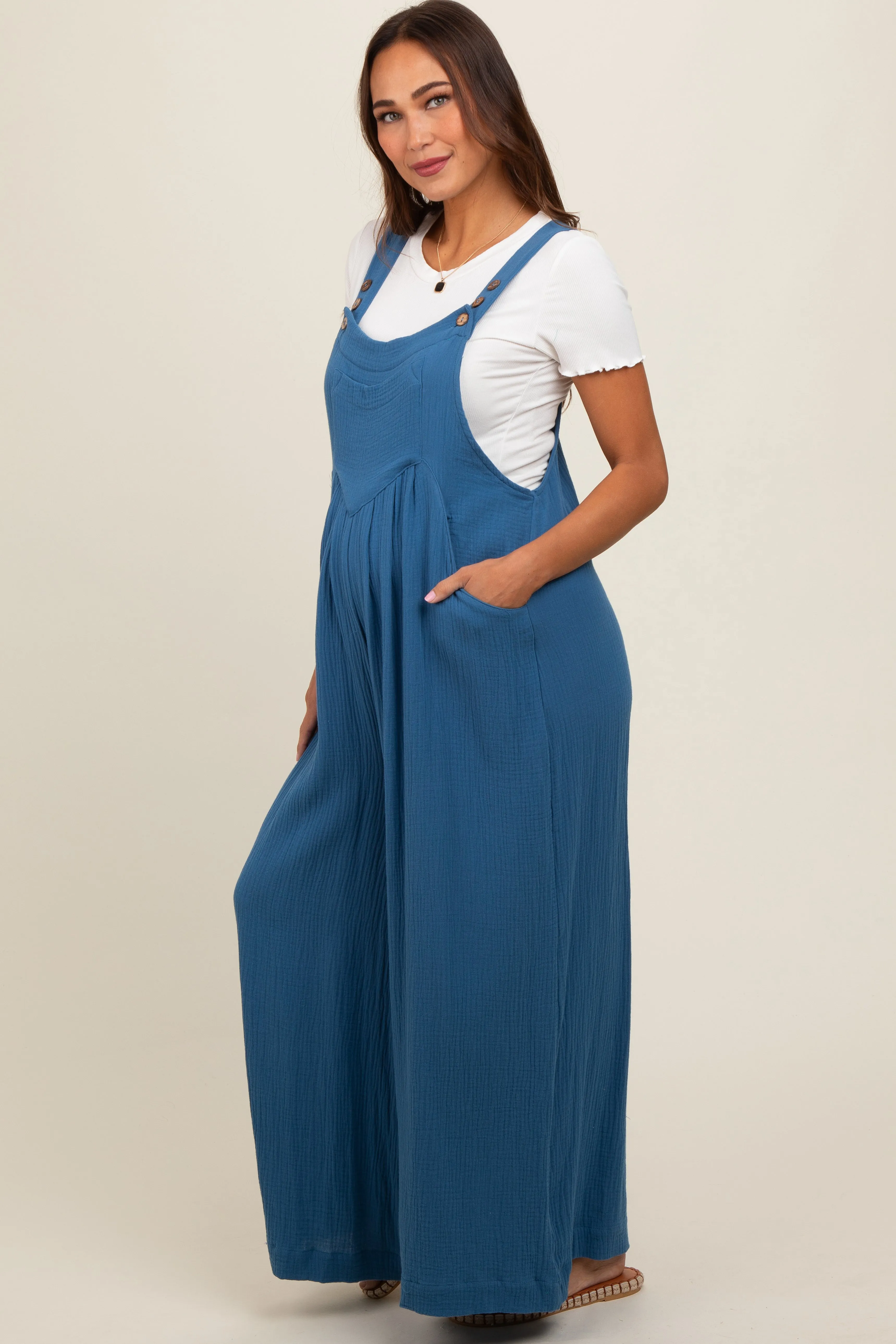 Blue Pocket Front Maternity Wide Leg Jumpsuit sold by Pinkblush product image thumbnail 2