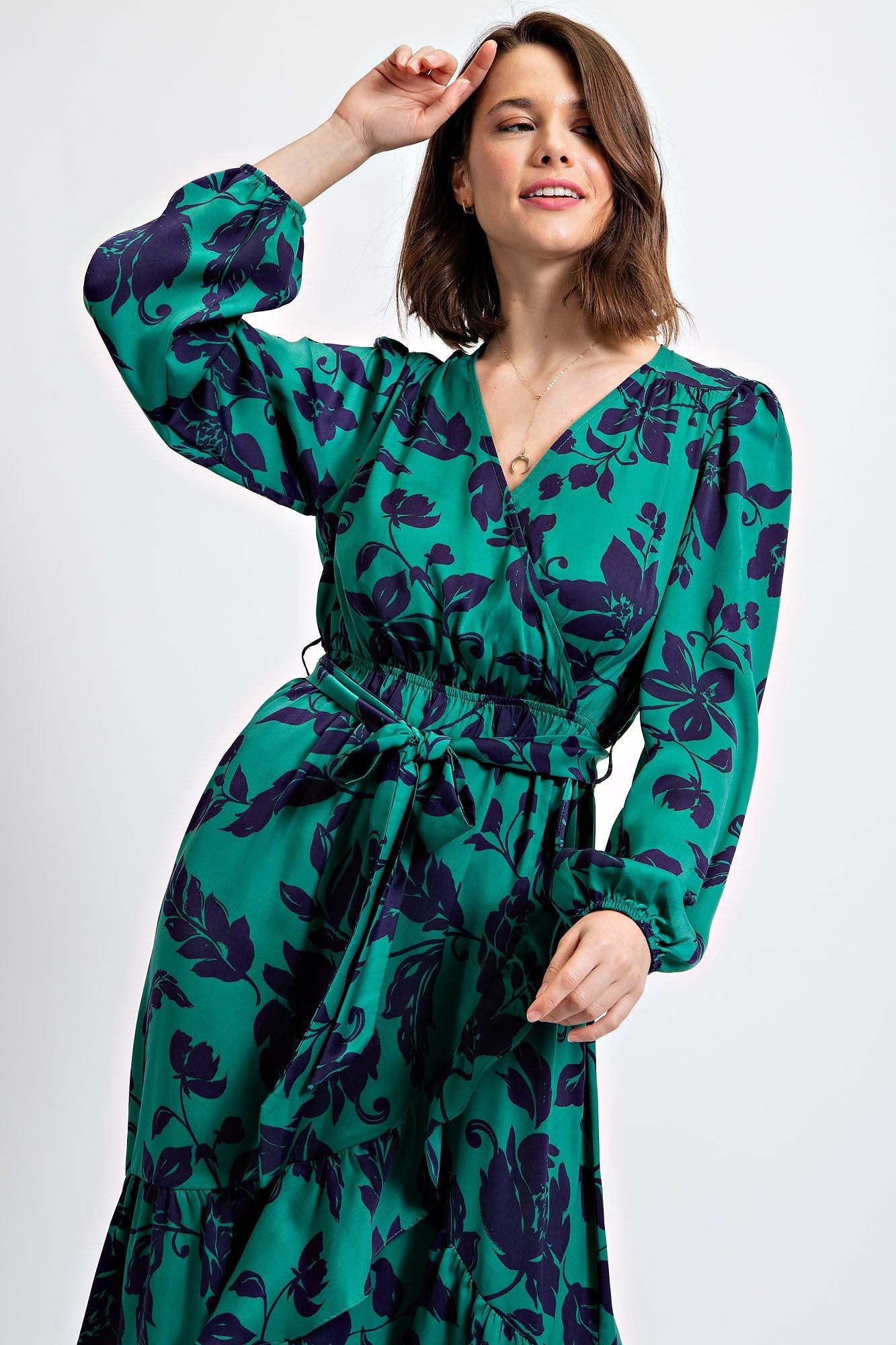 Deep Green Floral Printed Satin Maxi Dress sold by Pinkblush product image thumbnail 4
