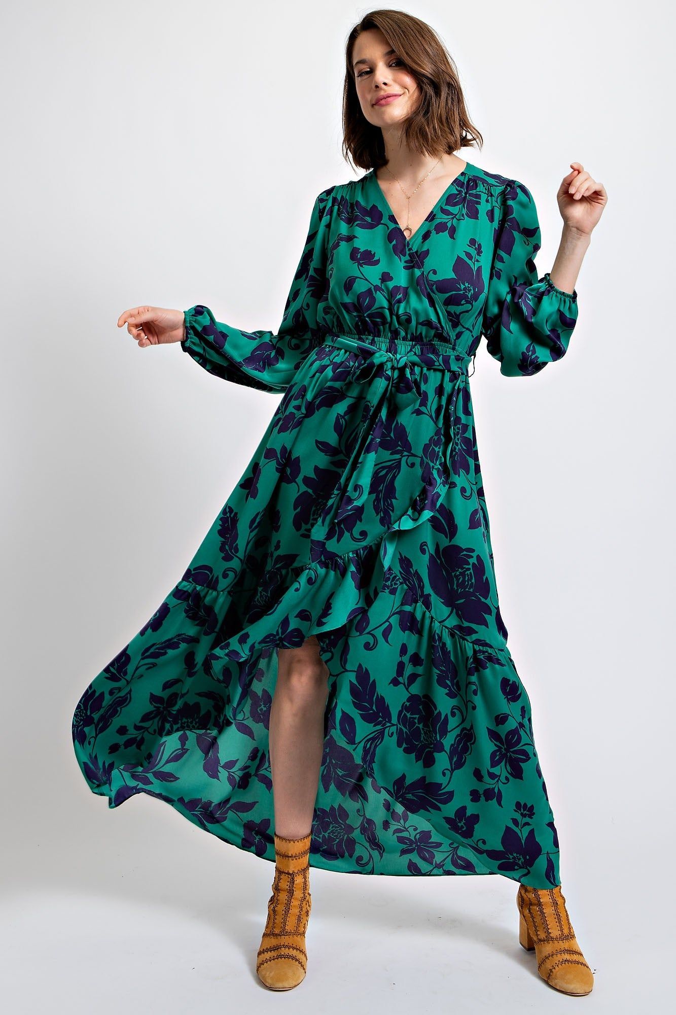 Deep Green Floral Printed Satin Maxi Dress sold by Pinkblush
