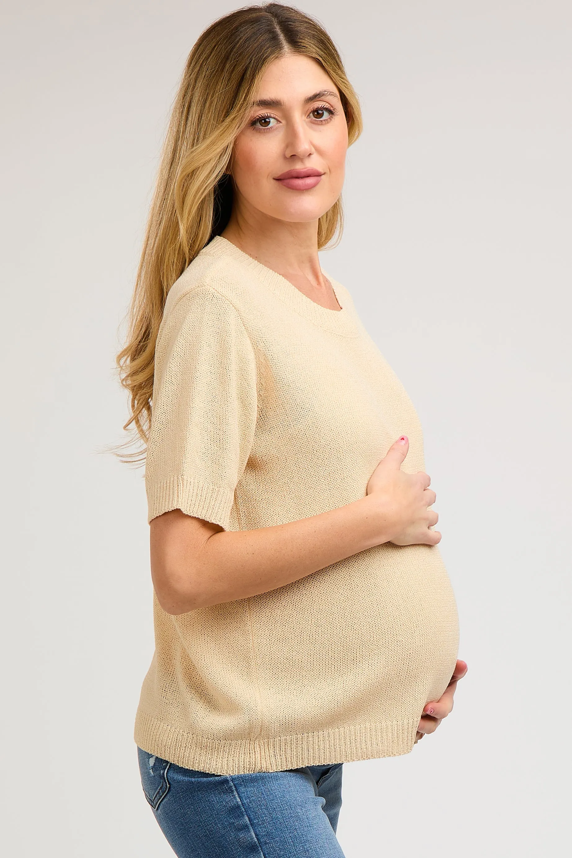 Beige Knit Short Sleeve Maternity Top sold by Pinkblush product image thumbnail 2