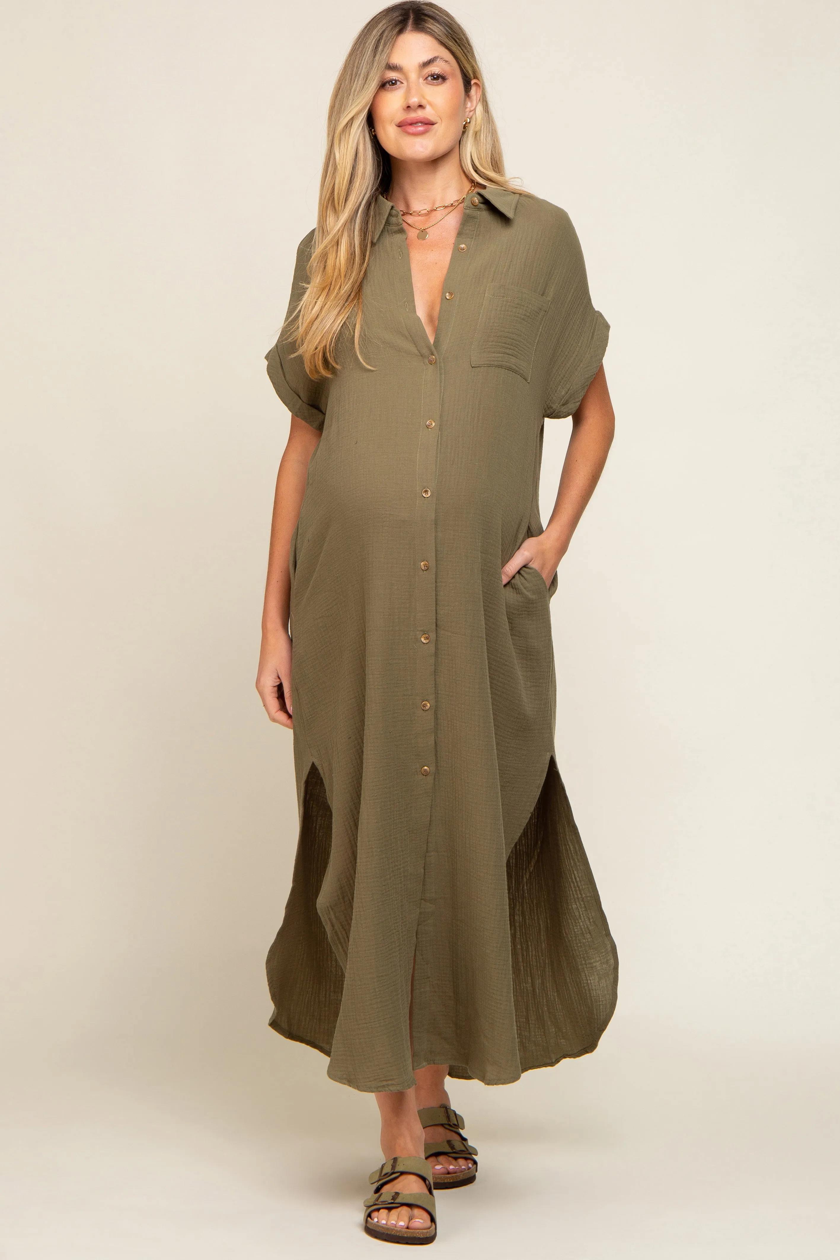 Olive Button Down Maternity Midi Dress sold by Pinkblush product image thumbnail 2